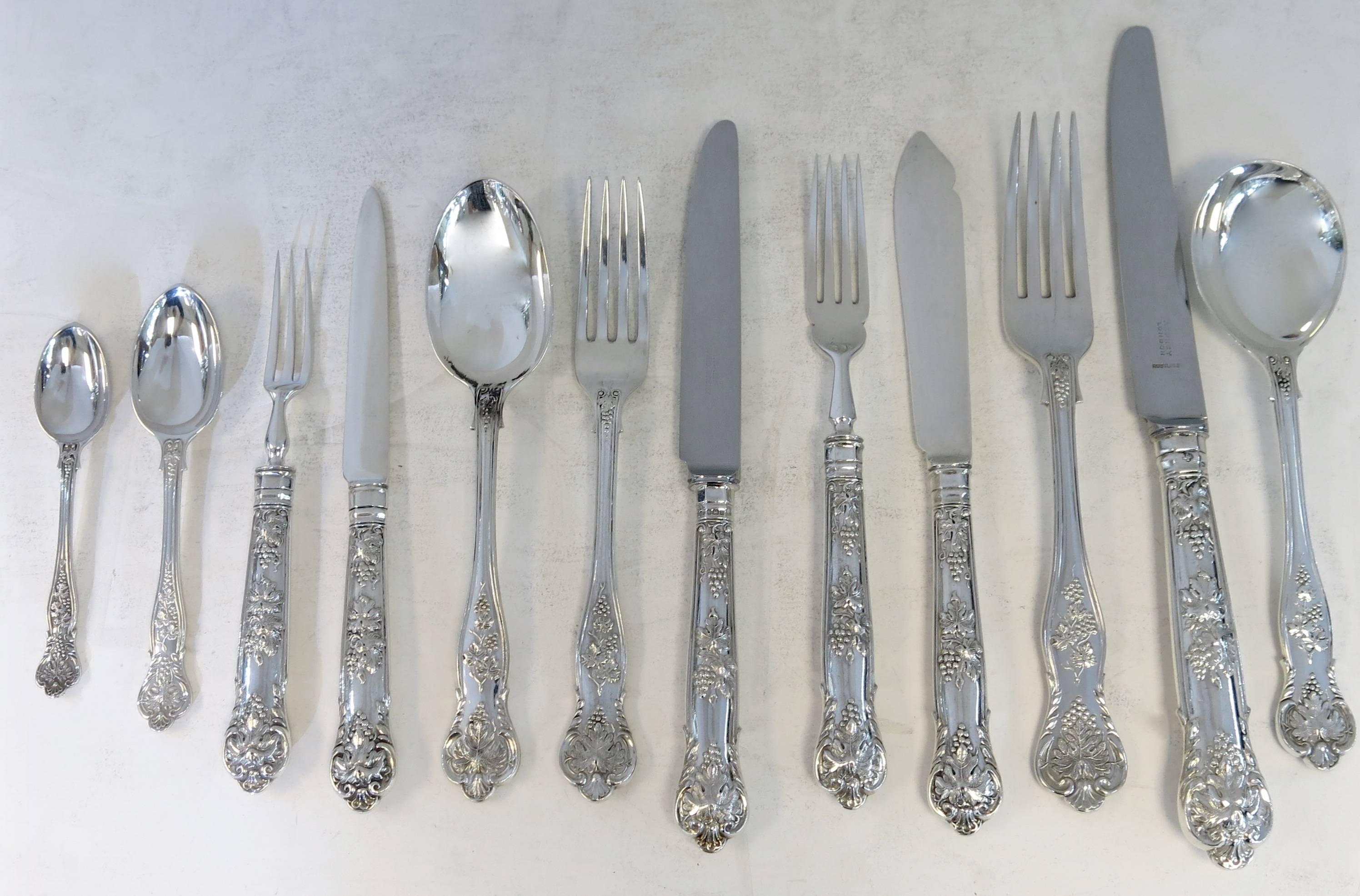 English, sterling silver, trailing vine flatware set By Asprey & Co, Regent Street London. Purveyors to the crown. This is a very rare pattern, and is beautifully hand-forged. The set is fitted into the original three-drawer fitted cabinet, complete