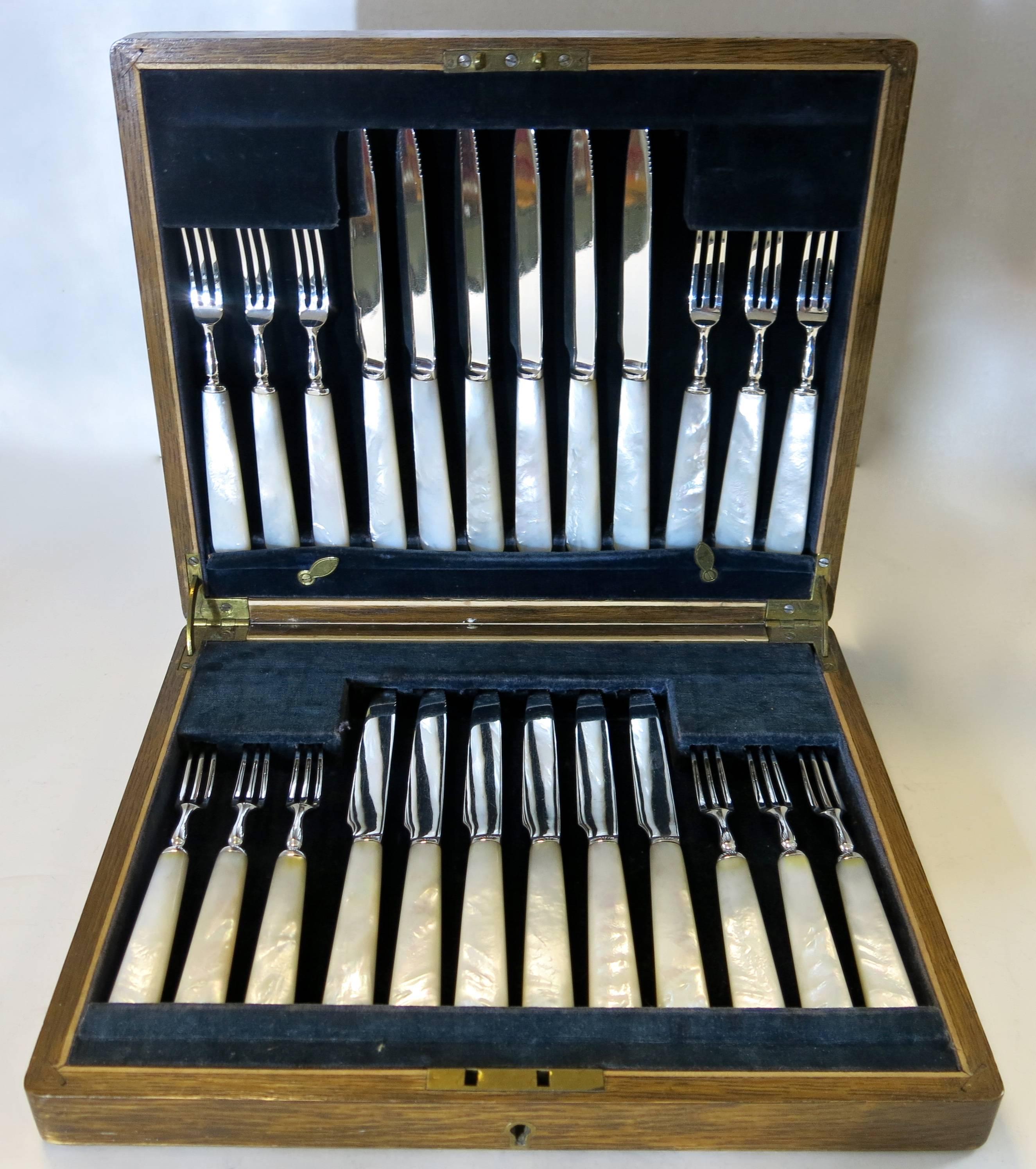 English Sterling Silver and Mother of Pearl Boxed Set Knives and Forks For Sale