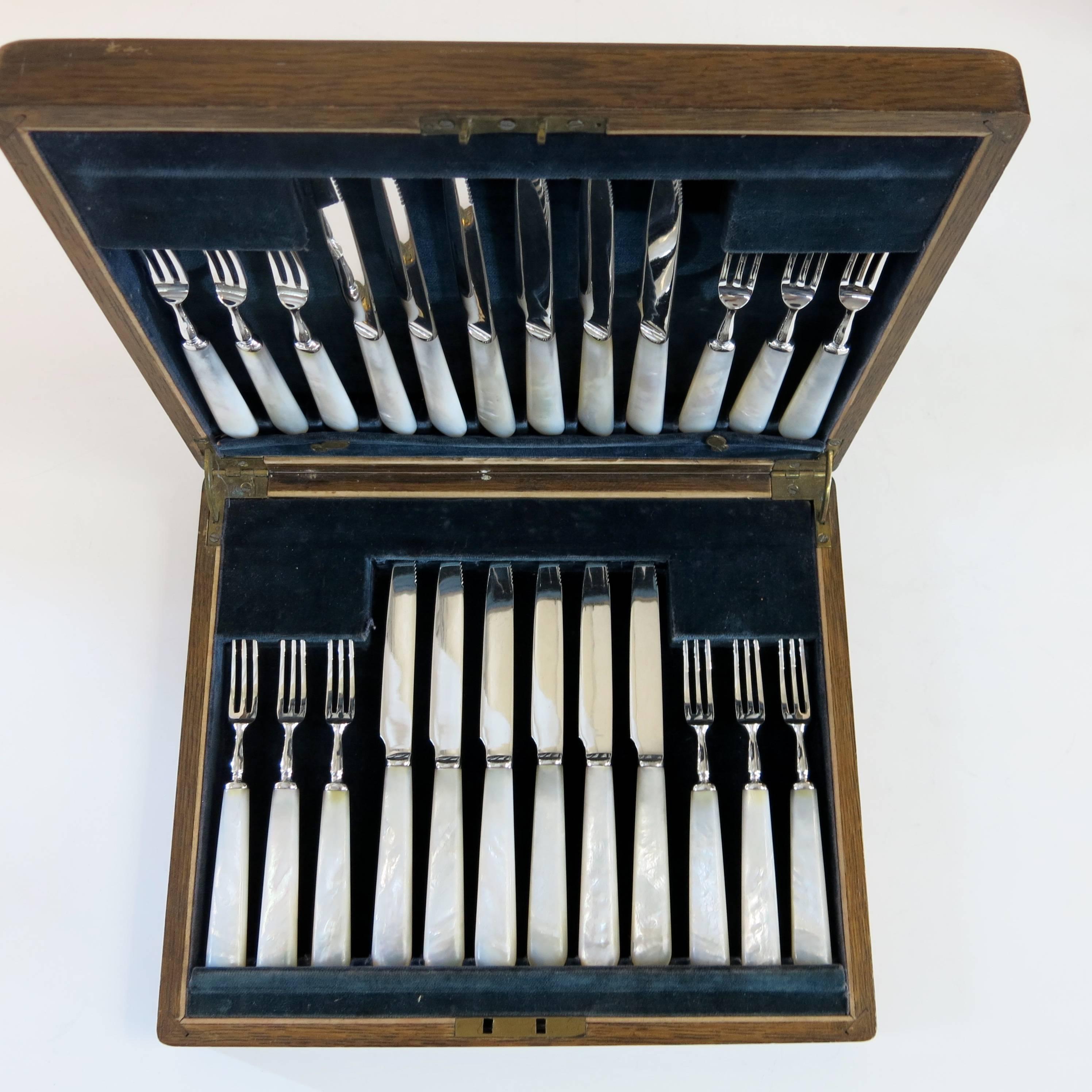 20th Century Sterling Silver and Mother of Pearl Boxed Set Knives and Forks For Sale