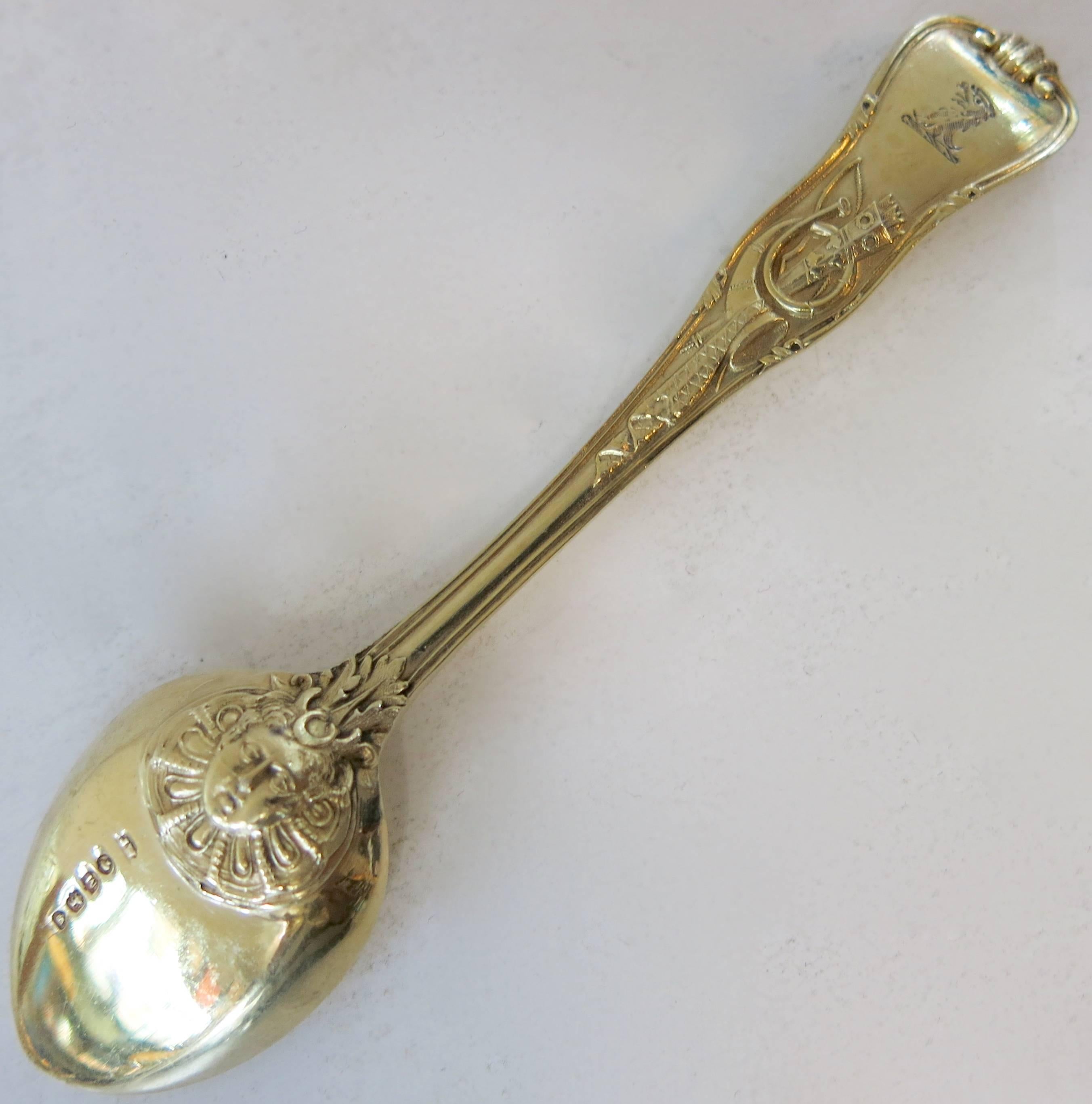 Stag Hunt, Six Antique English, Sterling Silver Ice Cream Spoons, Vermeil In Good Condition In New York, NY