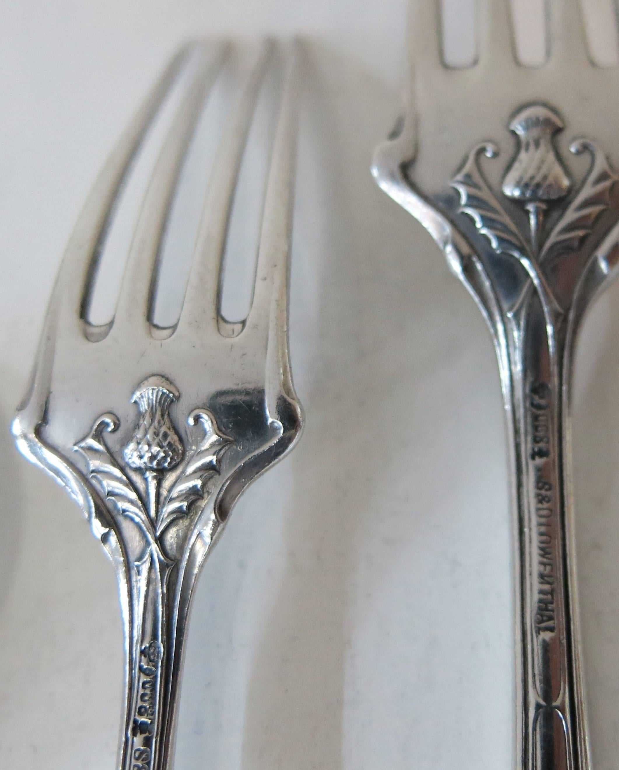 Unusual Antique German Silver Flatware Set, Thistle Design In Good Condition For Sale In New York, NY