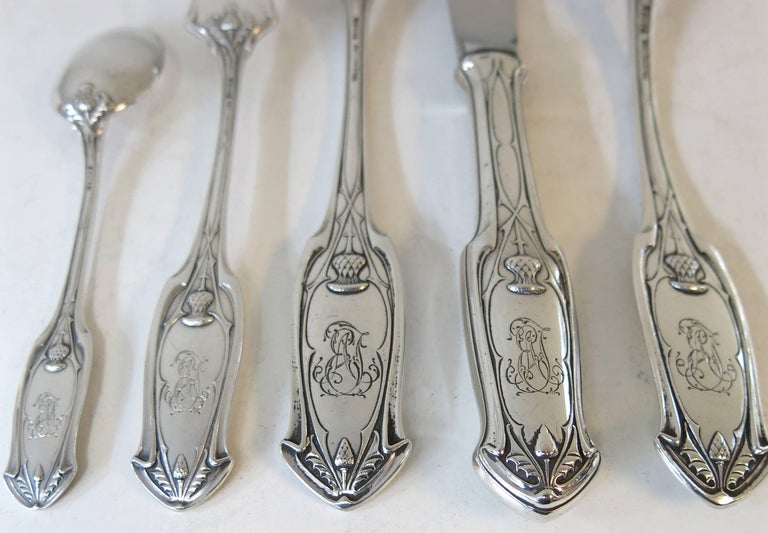 Unusual Antique German Silver Flatware Set, Thistle Design For Sale at