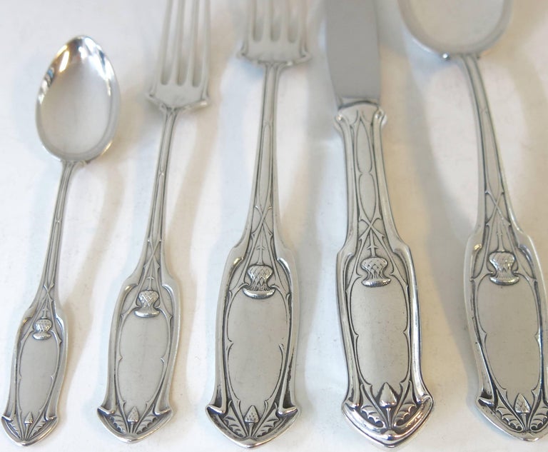 Unusual Antique German Silver Flatware Set, Thistle Design For Sale at