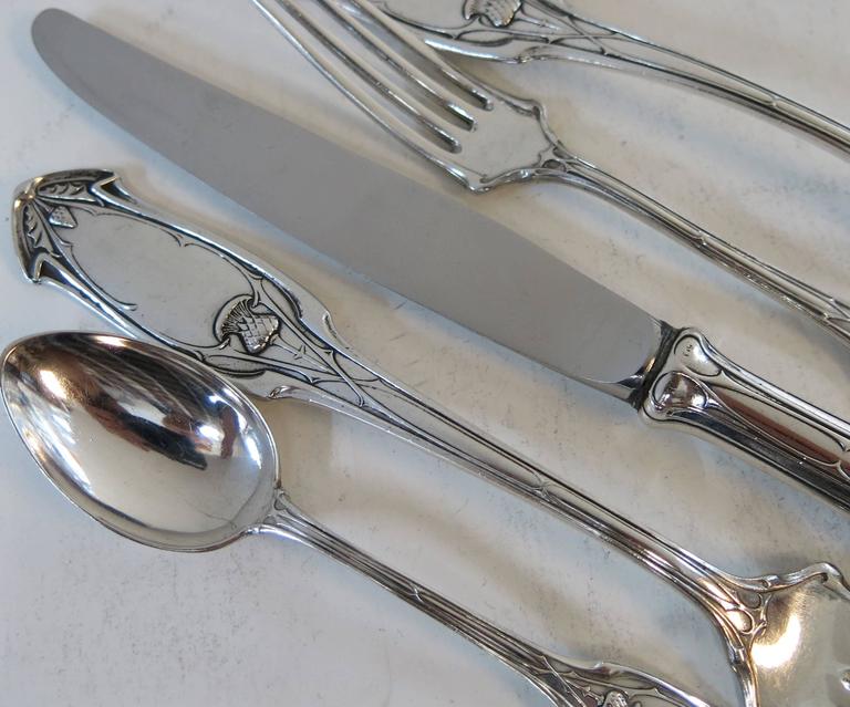 Unusual Antique German Silver Flatware Set, Thistle Design For Sale at