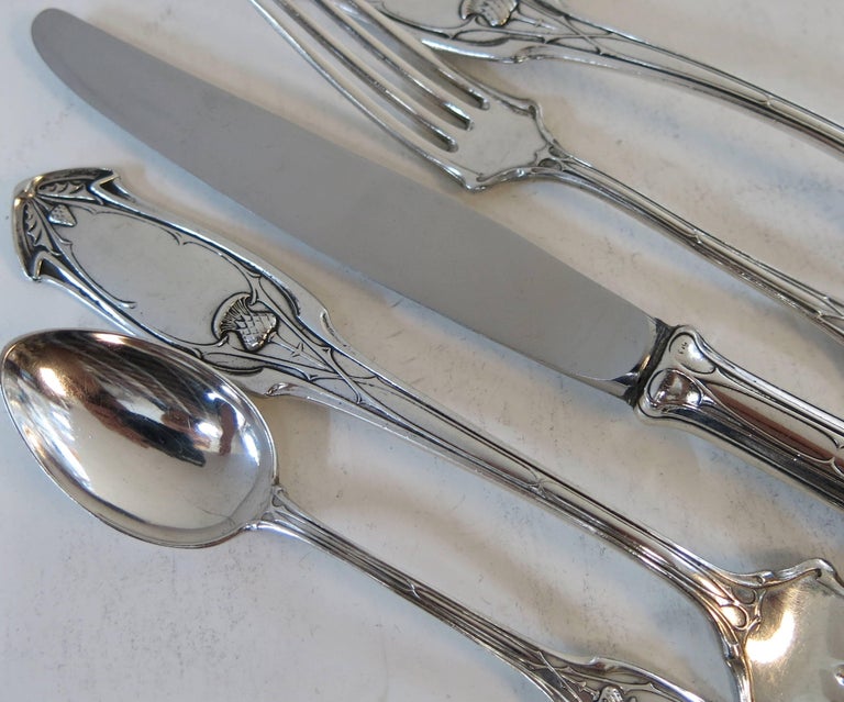 Unusual Antique German Silver Flatware Set, Thistle Design For Sale at