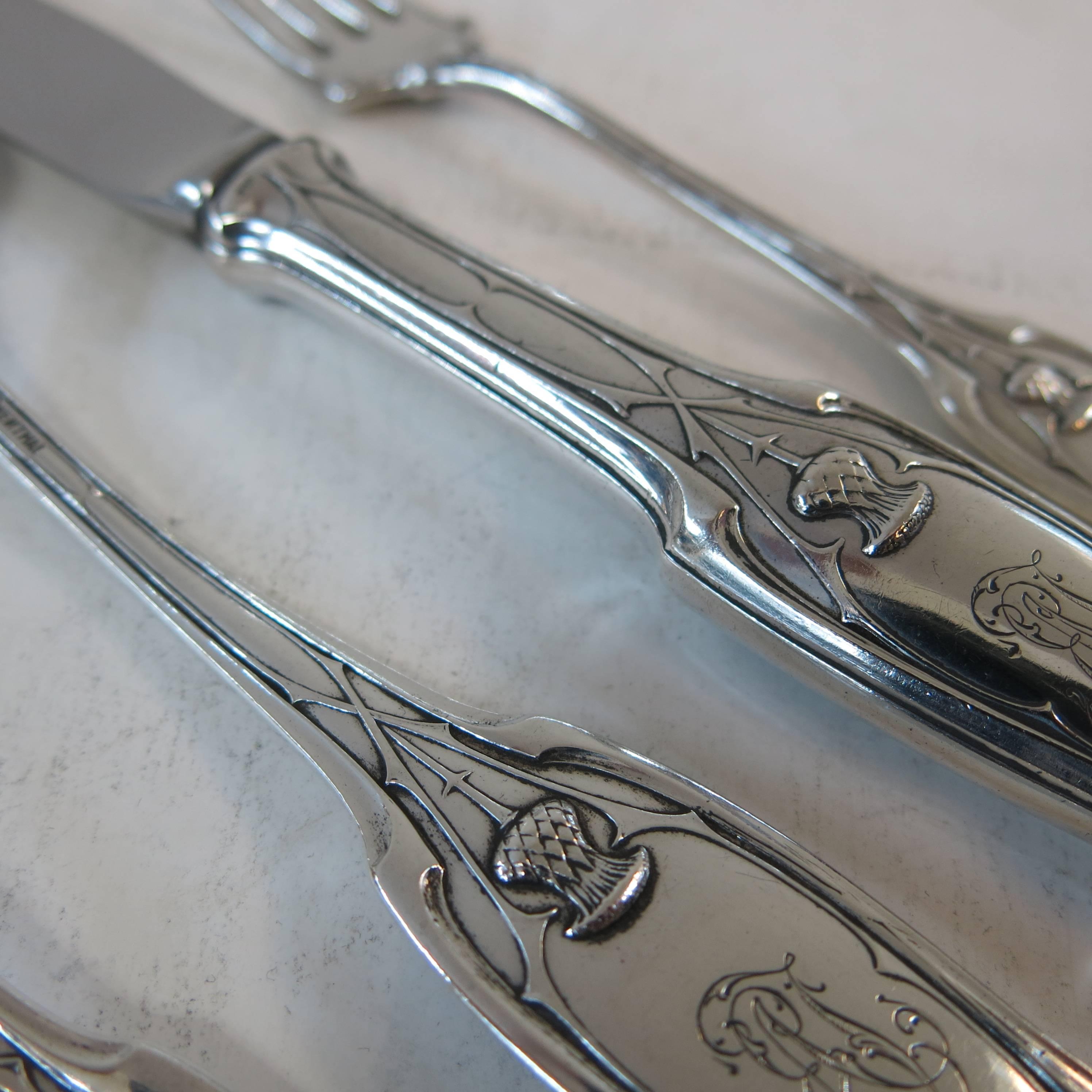 19th Century Unusual Antique German Silver Flatware Set, Thistle Design For Sale