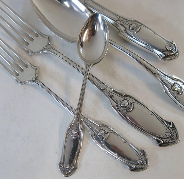 Unusual Antique German Silver Flatware Set, Thistle Design For Sale at