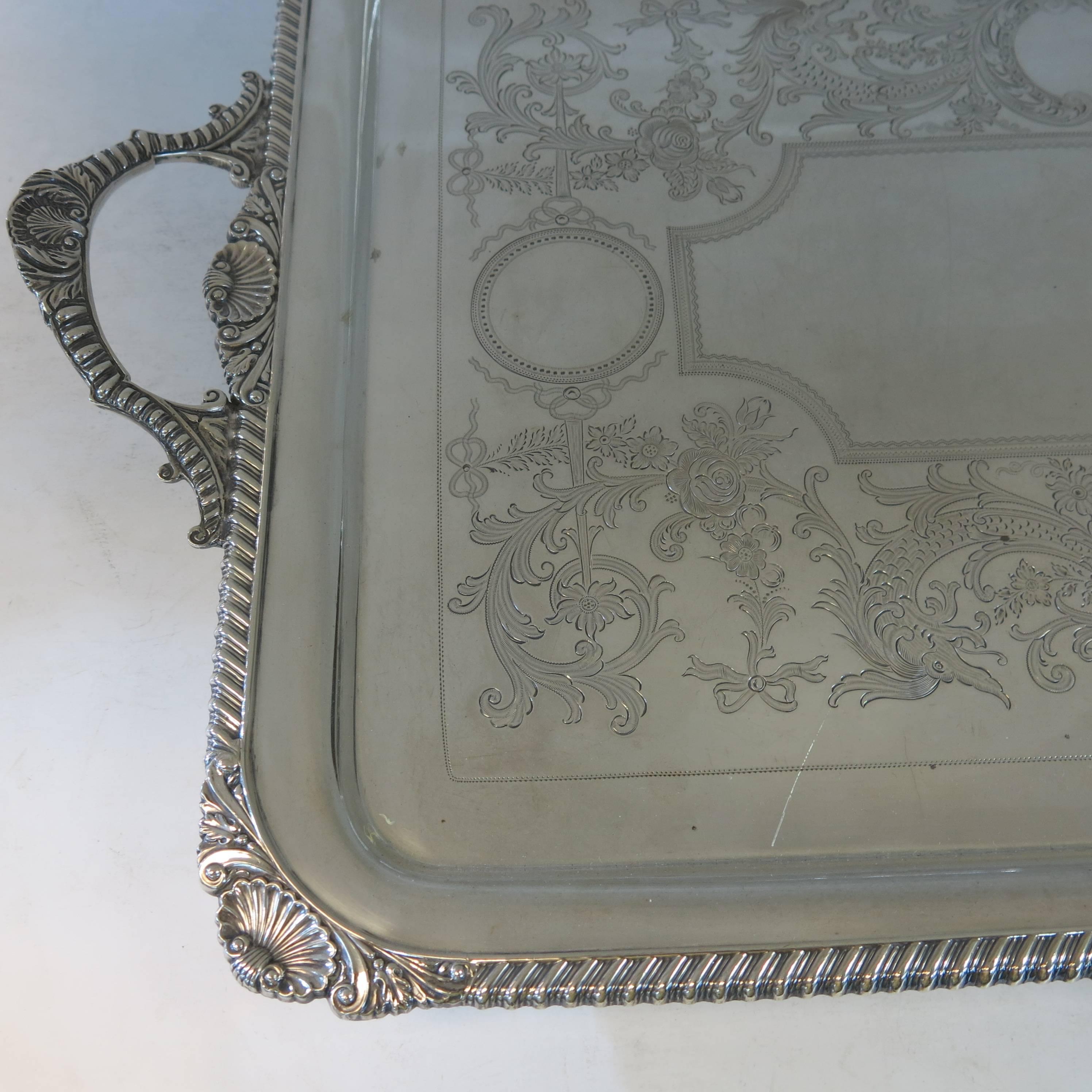 19th Century Antique Victorian, Sterling Silver Footed Tray, English For Sale