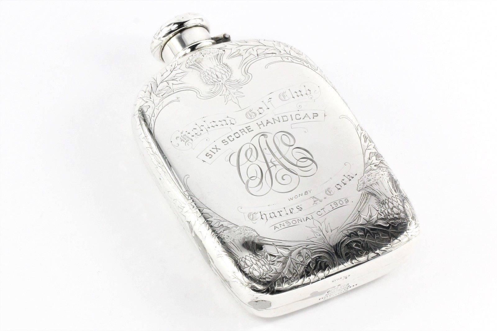 Art Nouveau Tiffany Sterling Silver Large Lap over Edge Golf Flask, circa 1909 In Good Condition In Cape May, NJ