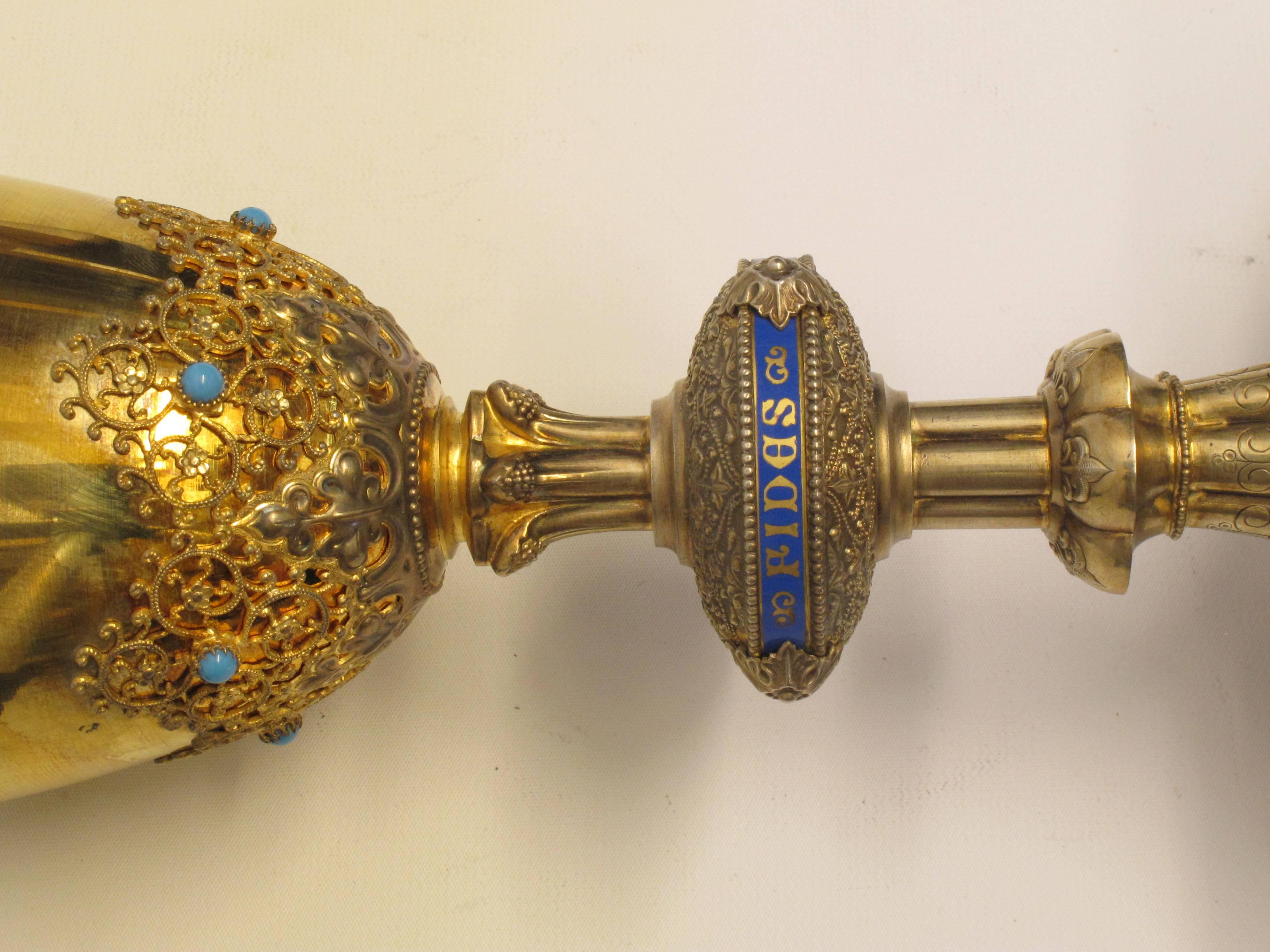 19th Century French Gilt Silver, Enamel, and Turquoise Chalice and Paten For Sale 2