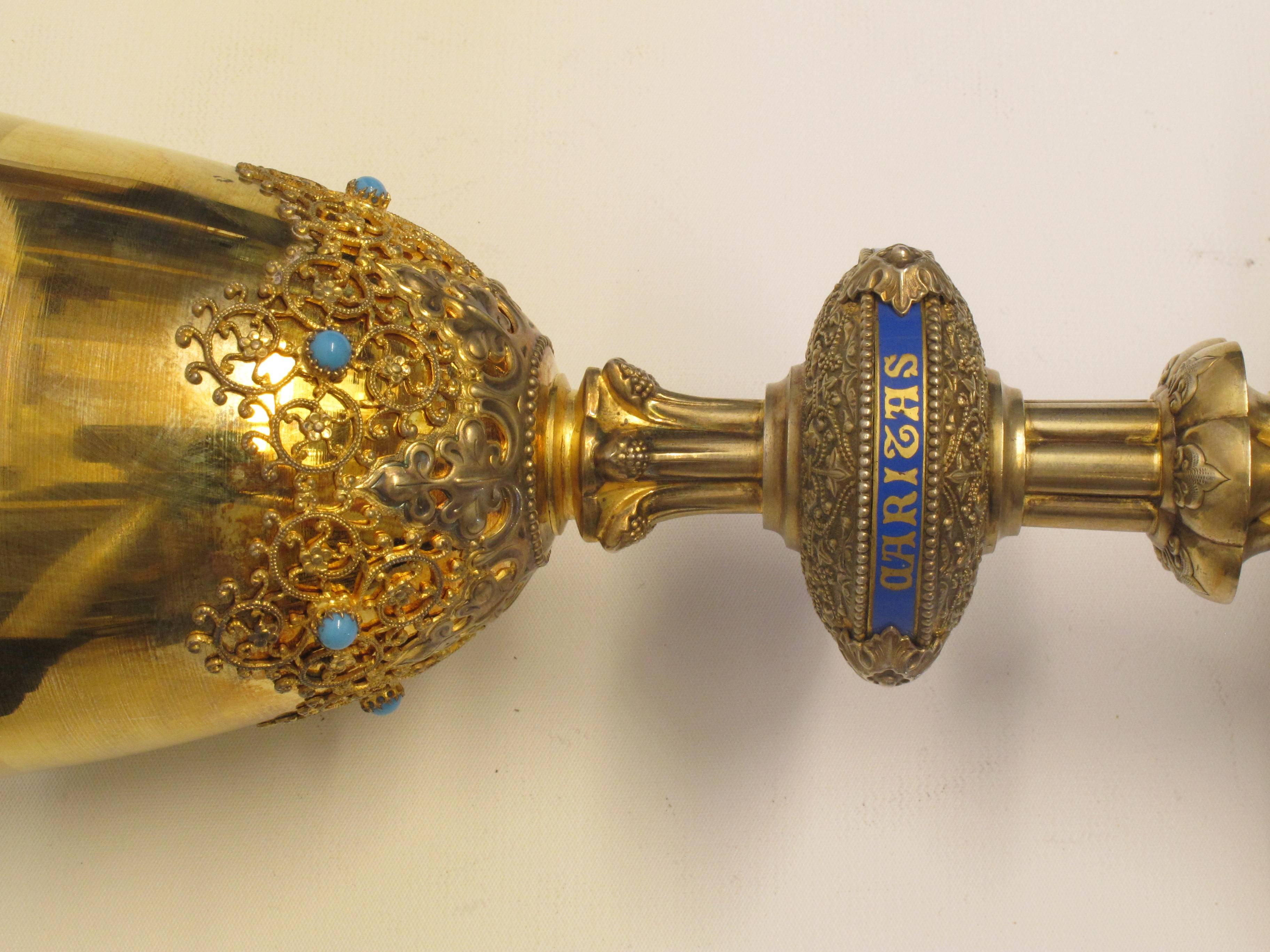 19th Century French Gilt Silver, Enamel, and Turquoise Chalice and Paten For Sale 3