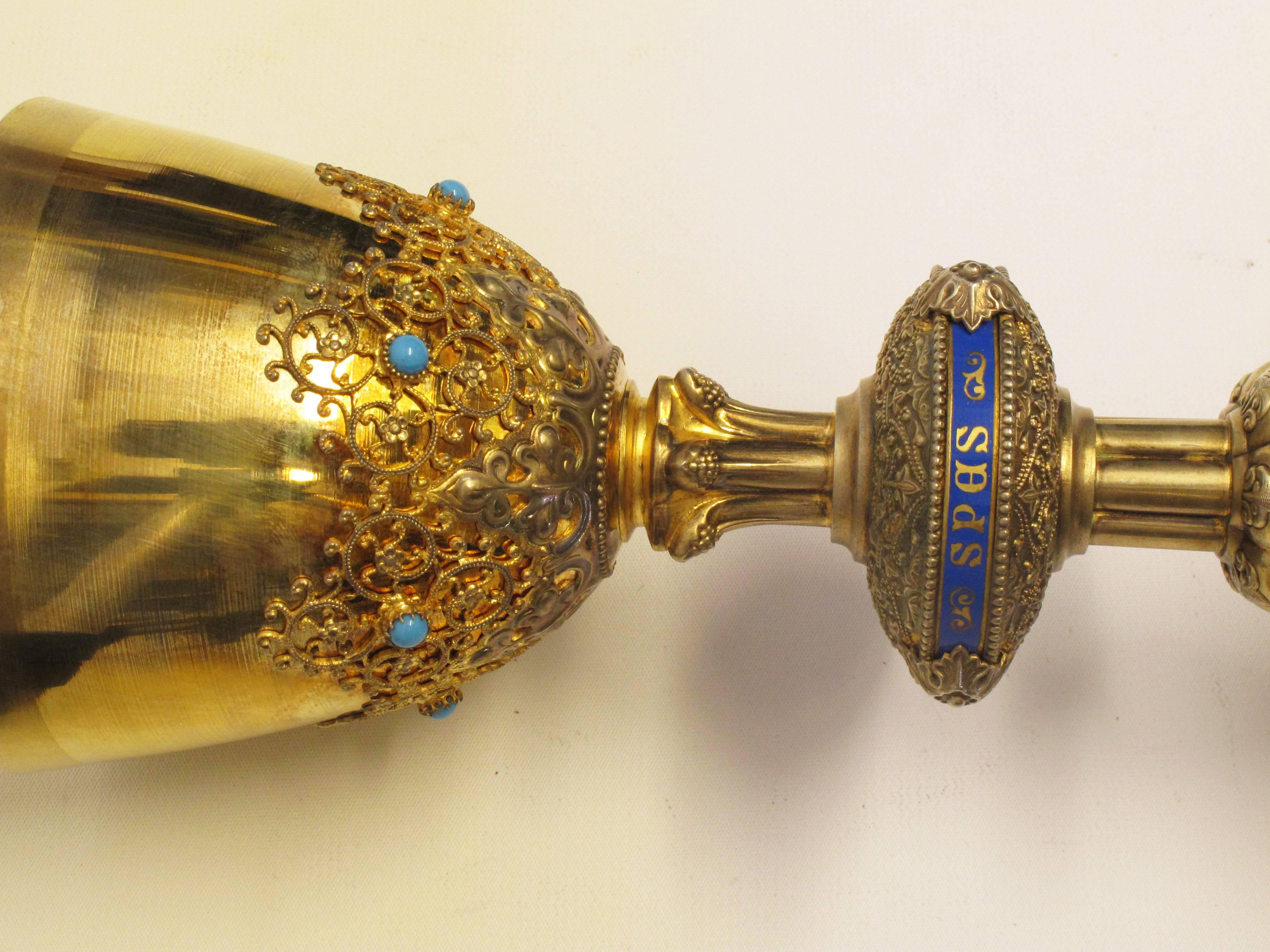 19th Century French Gilt Silver, Enamel, and Turquoise Chalice and Paten For Sale 4