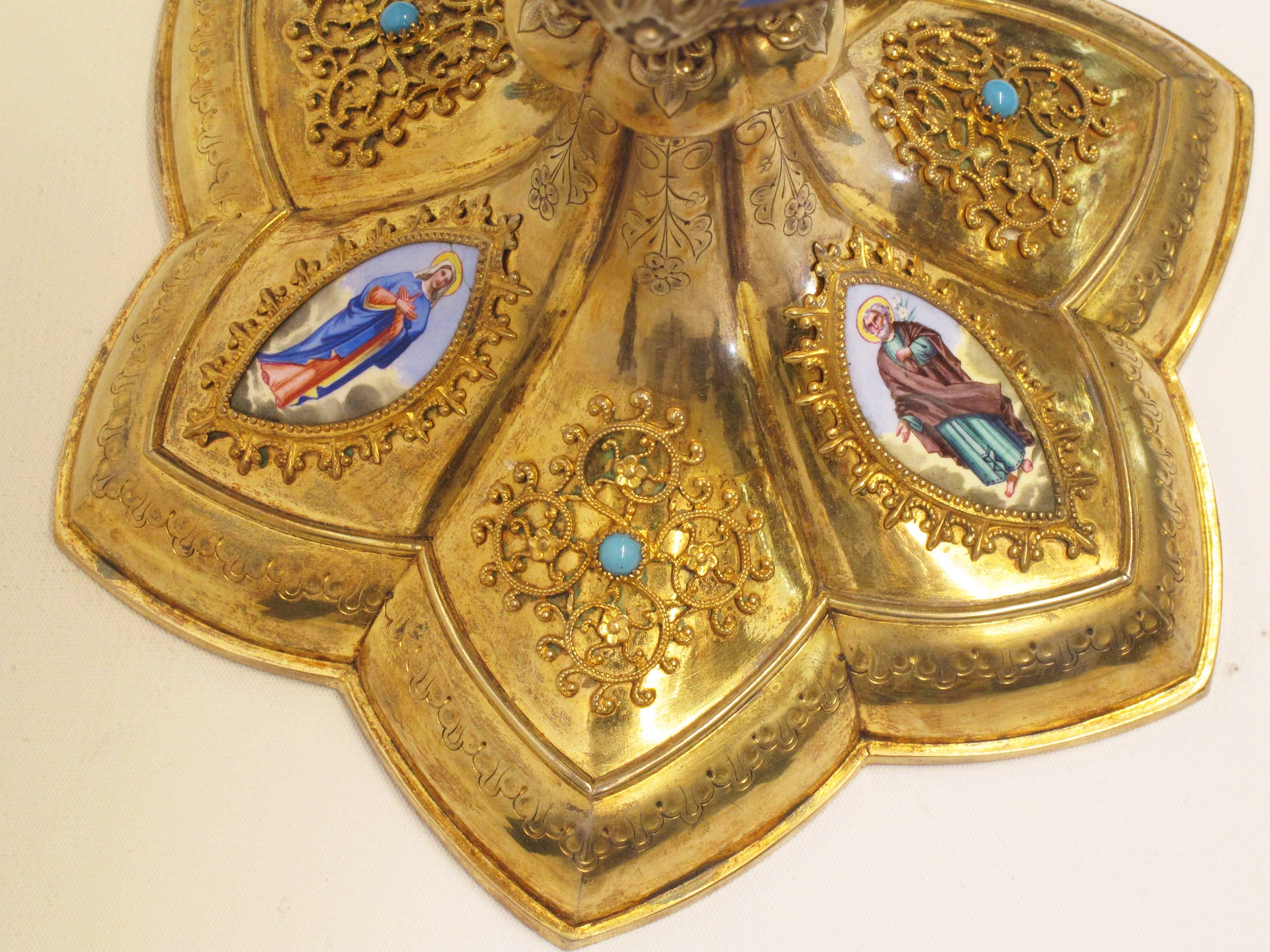 19th Century French Gilt Silver, Enamel, and Turquoise Chalice and Paten In Excellent Condition For Sale In Santa Fe, NM