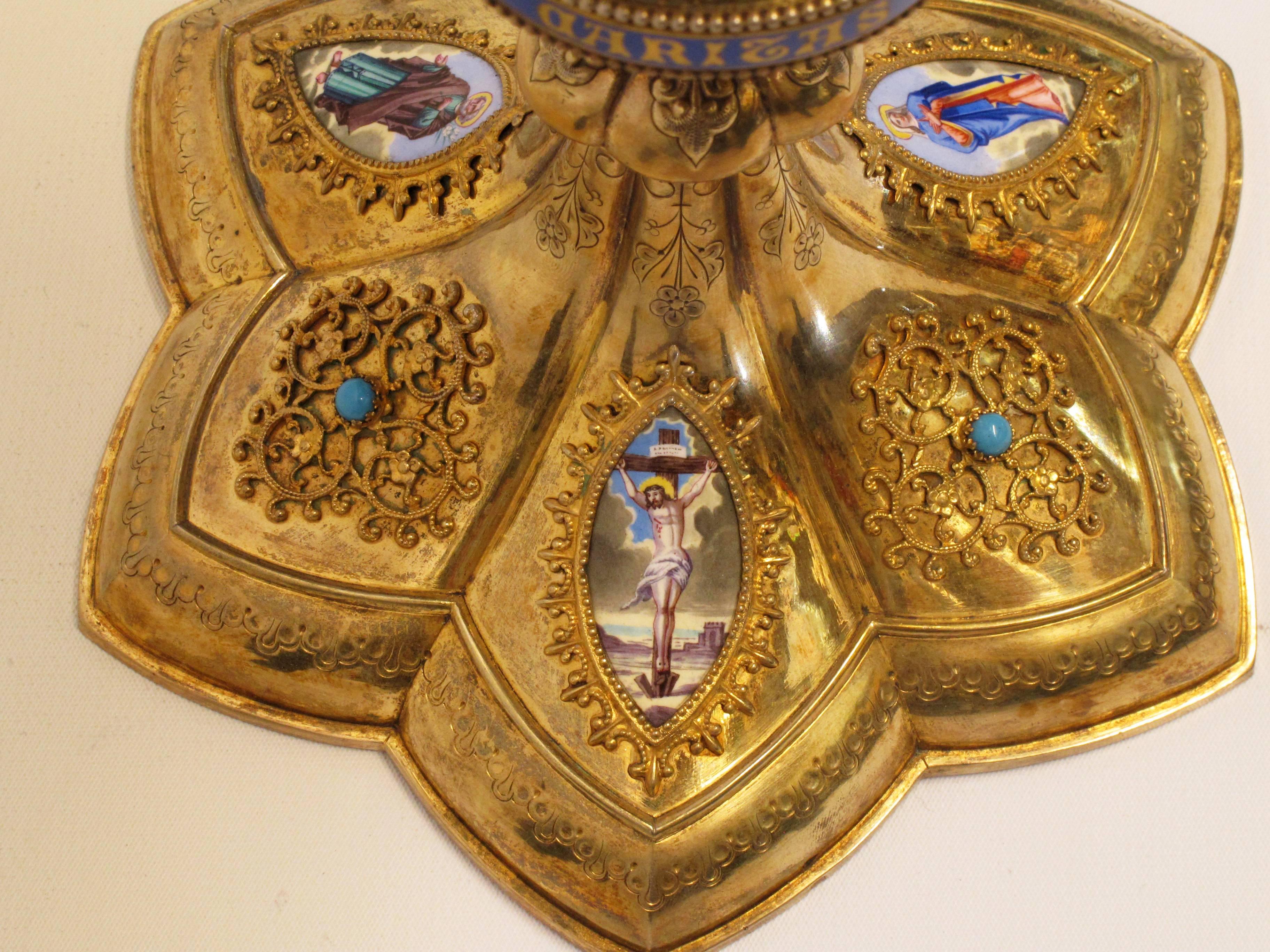 19th Century French Gilt Silver, Enamel, and Turquoise Chalice and Paten For Sale 1