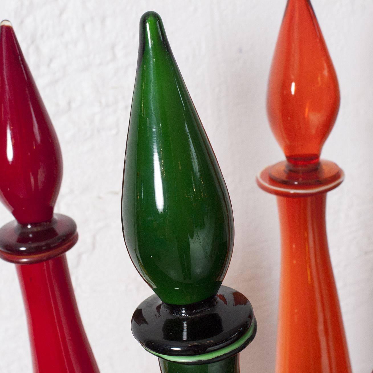 Hand-Crafted Italian Empoli Handblown Decanters in Mixed Colors