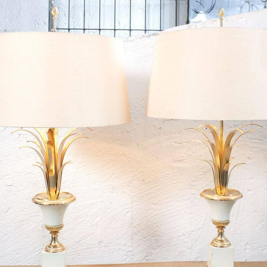Mid-Century Modern Pair of Brass Palm Table Lamps in Style of Maison Jansen