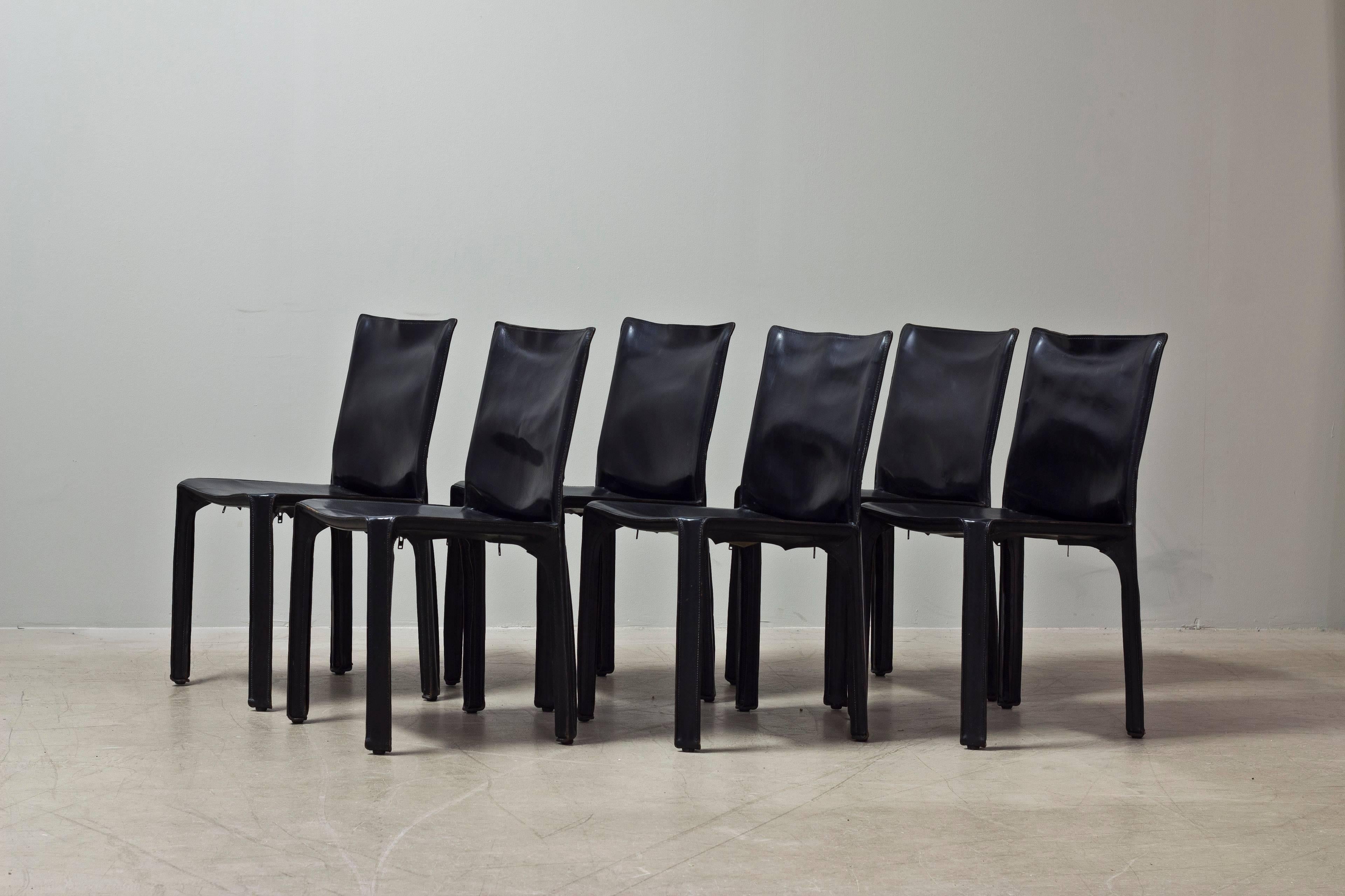 Set of six cab chairs by Mario Bellini for Cassina in black leather.

Year: 1980s.
Country: Italian.
Condition: Vintage condition.

Dimensions:

H: 81,5 cm
W: 46,5 cm
D: 41 cm.