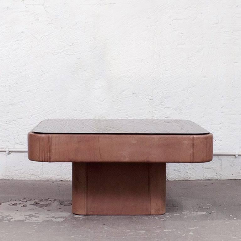 De Sede leather and bronze mirror coffee table.