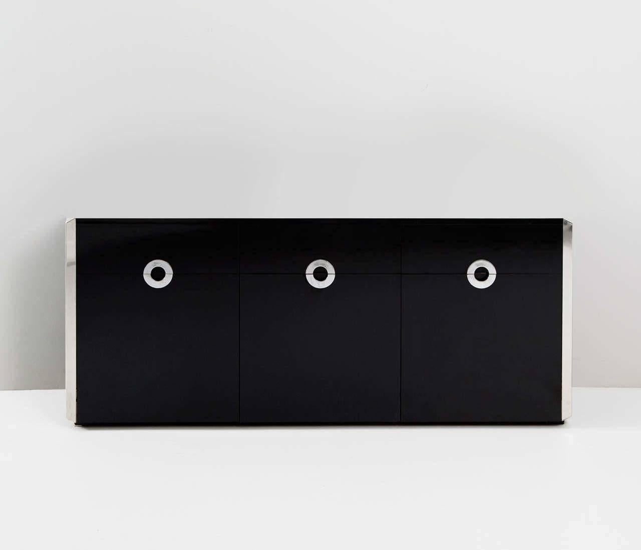 Mid-Century Modern Pair of 1970s Mario Sabot Black Cabinets with Chrome Trim