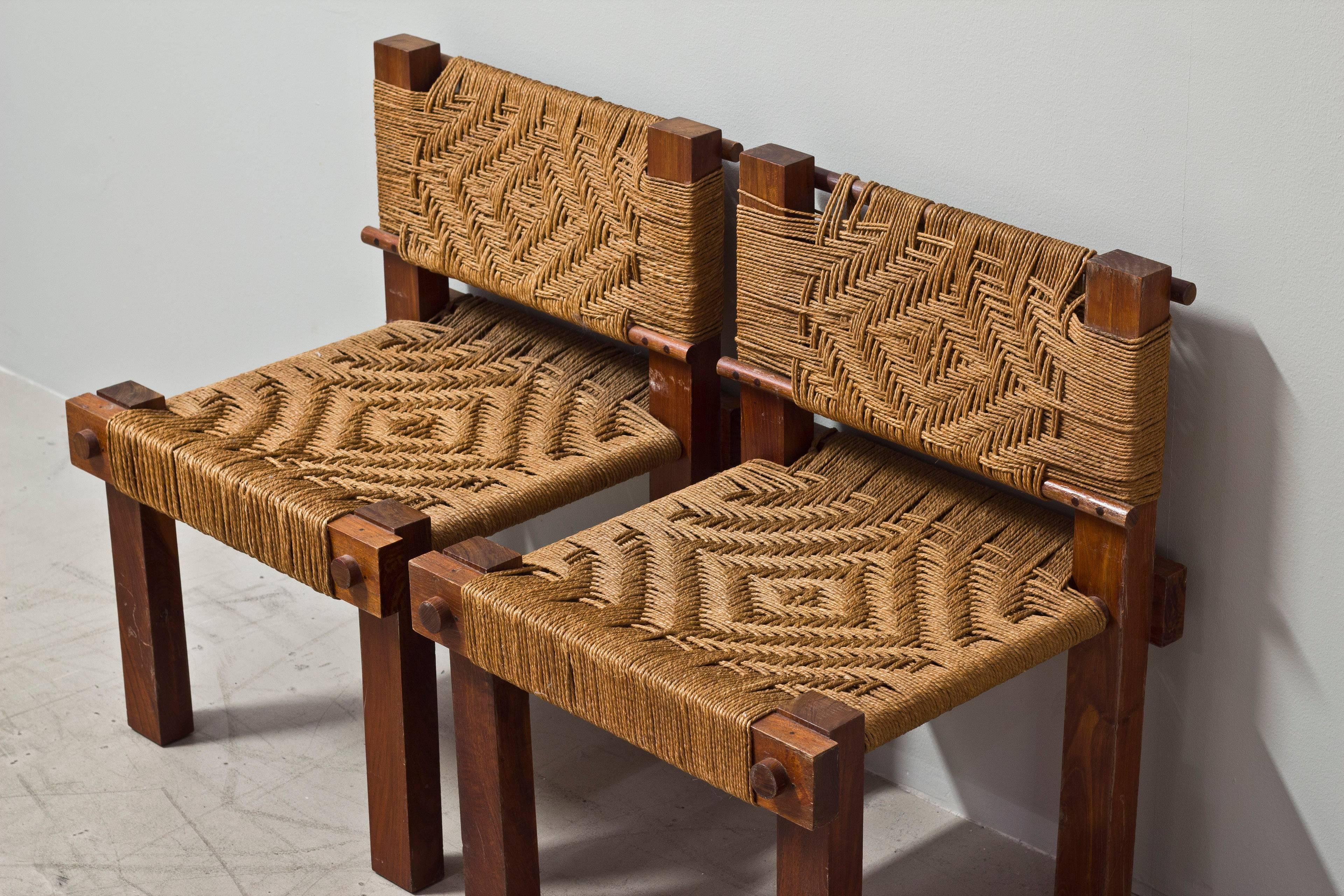 French Pair of Wood and Rope Chairs by Adoux and Minet For Sale