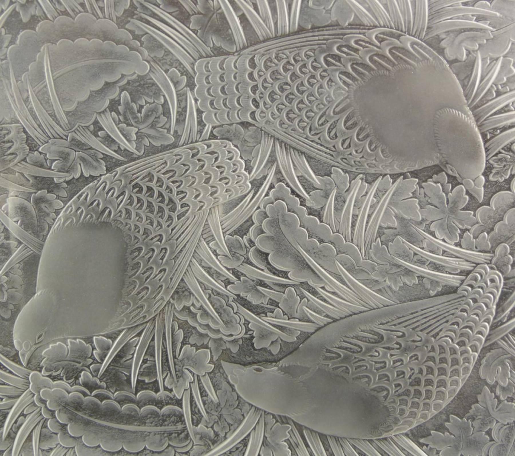 Large Lalique tray with quail in landscape, known as 