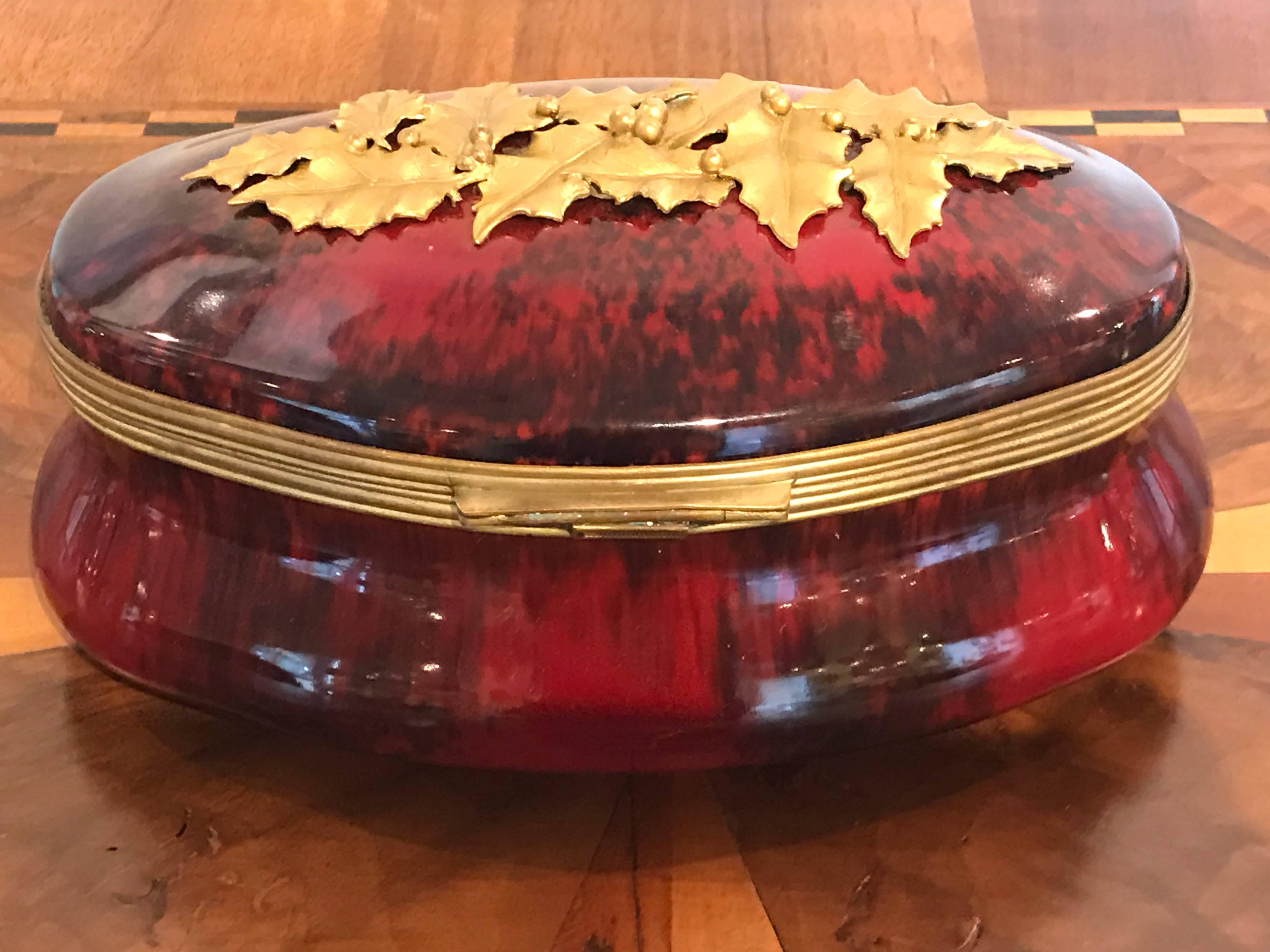 Early 20th Century Sevres Red Flambe Holly Motif Box