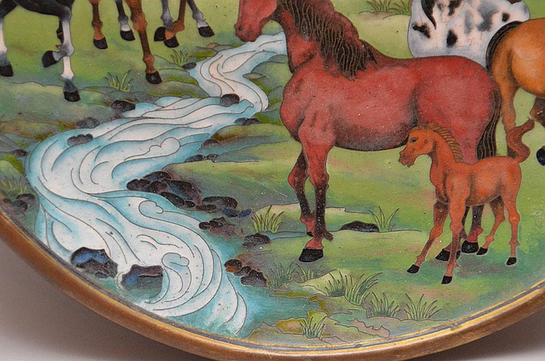 Cloissoné Unusual Equestrian Motif Cloisonné Charger, China, 20th Century For Sale