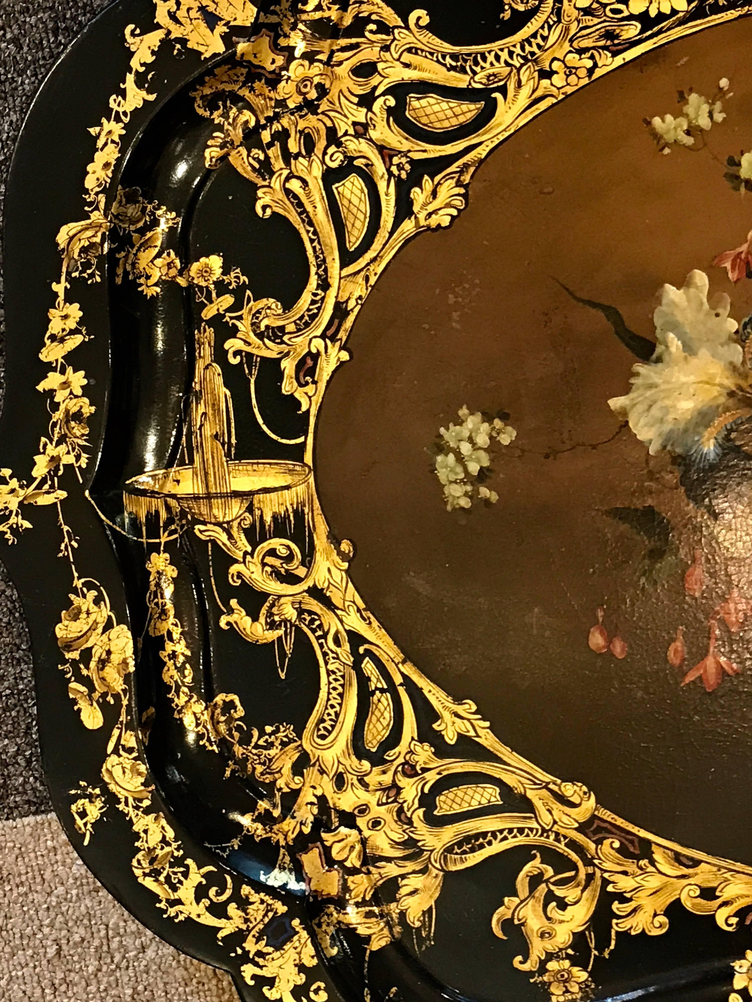 Wood Stunning 19th Century English Papier Mâché Gilt Floral Tray, Now as a Table