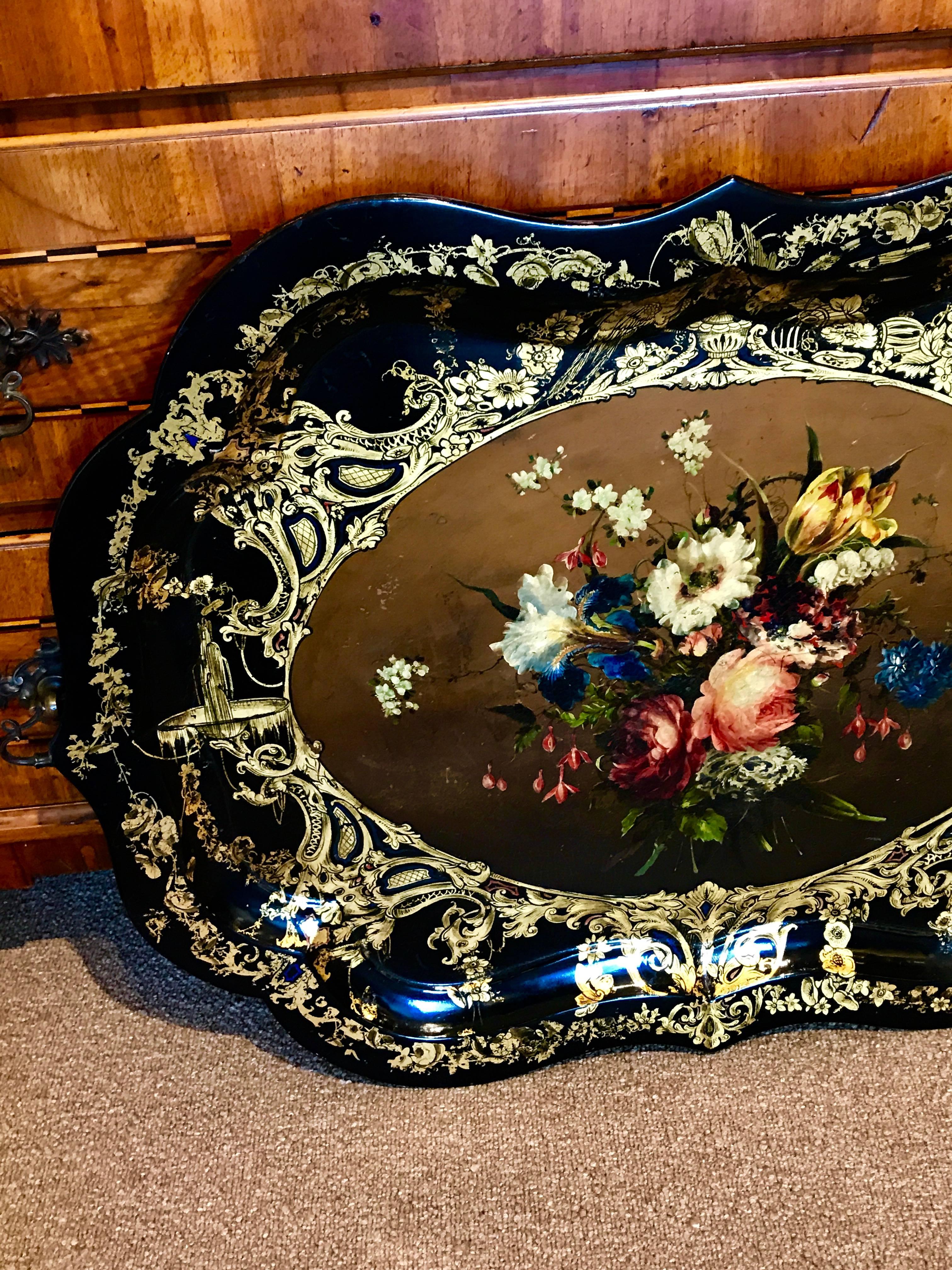 Stunning 19th Century English Papier Mâché Gilt Floral Tray, Now as a Table 1