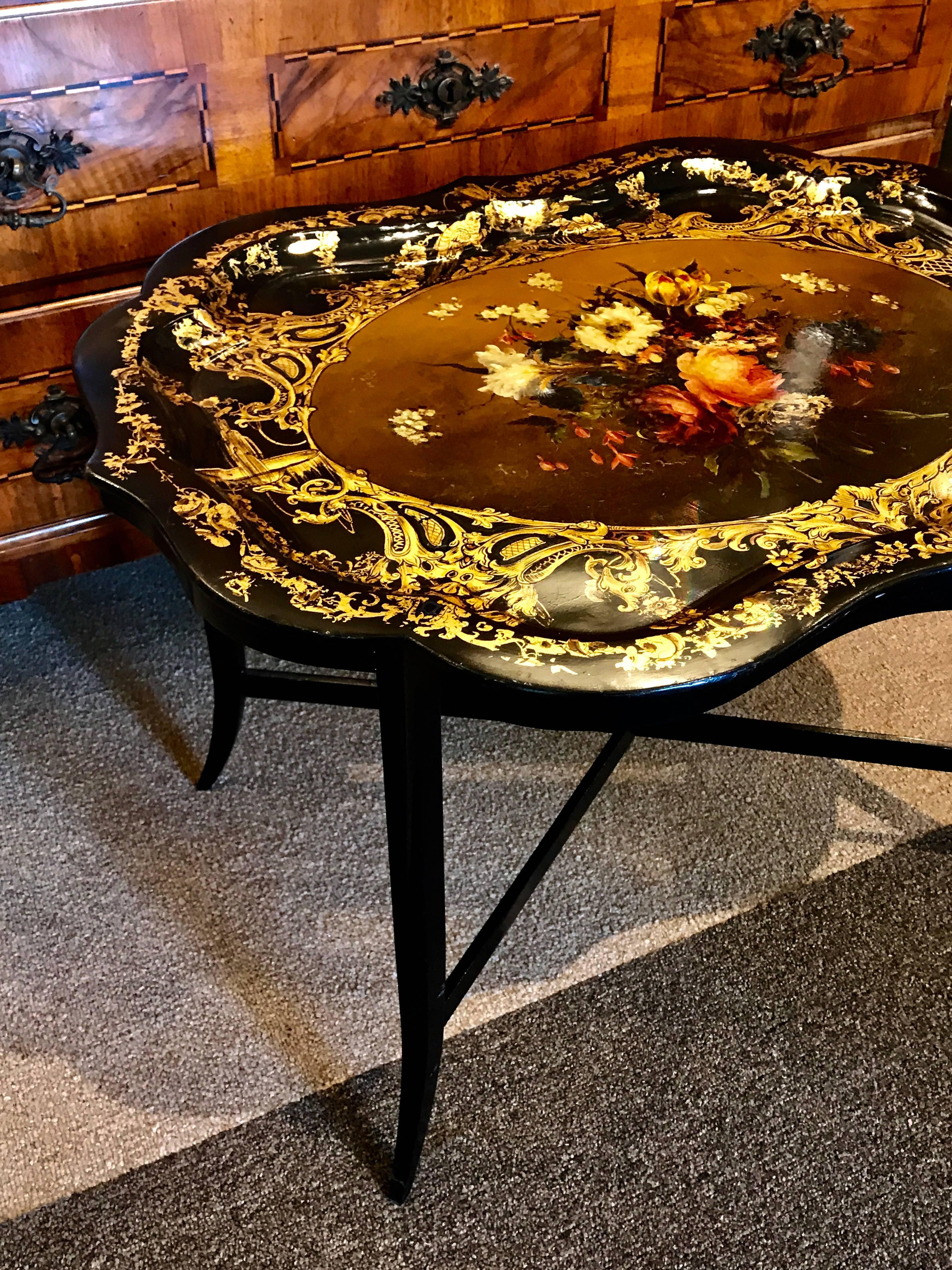 High Victorian Stunning 19th Century English Papier Mâché Gilt Floral Tray, Now as a Table
