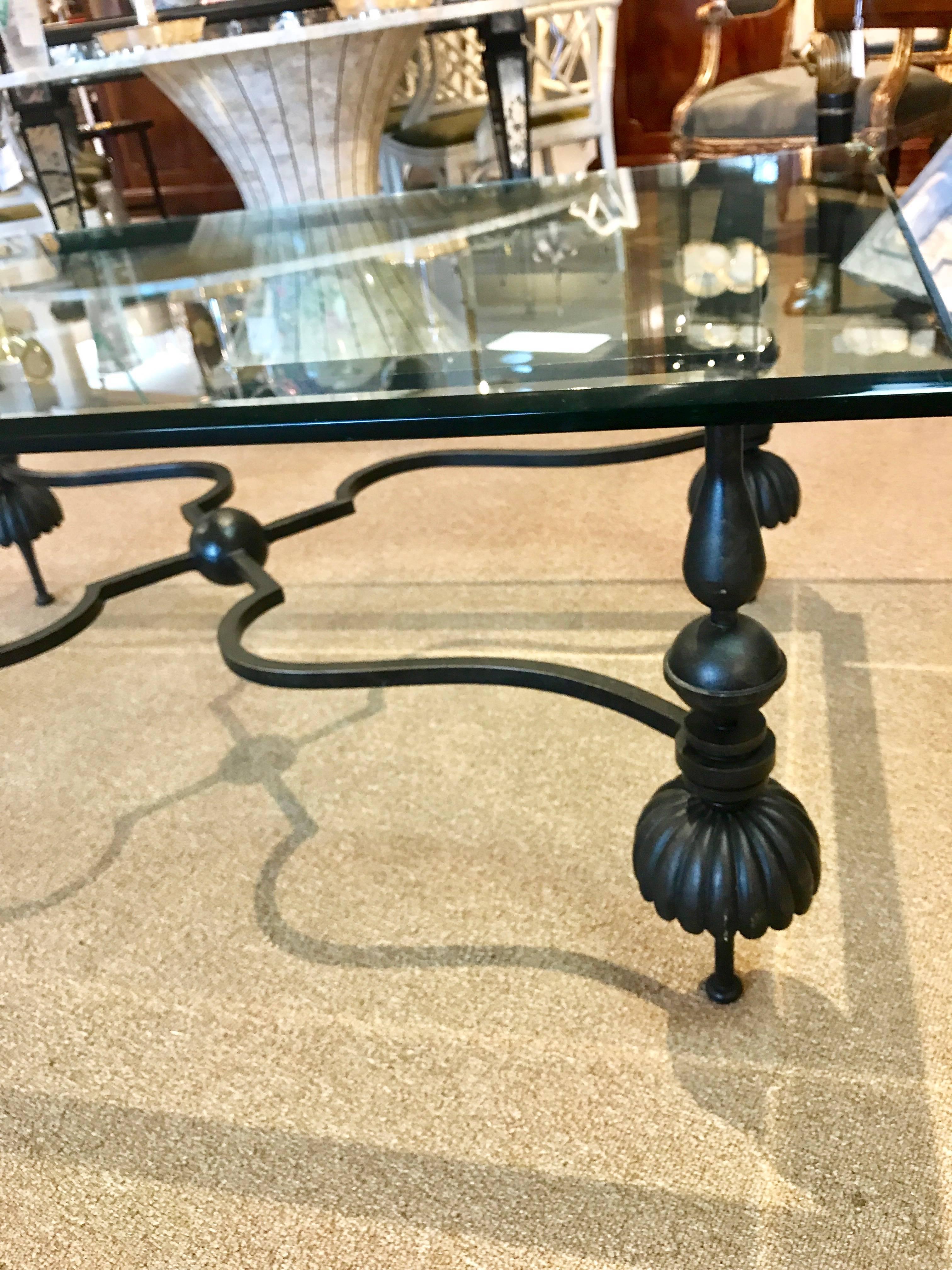 European Beautiful Neoclassical Wrought Gun Metal and Beveled Glass Coffee Table