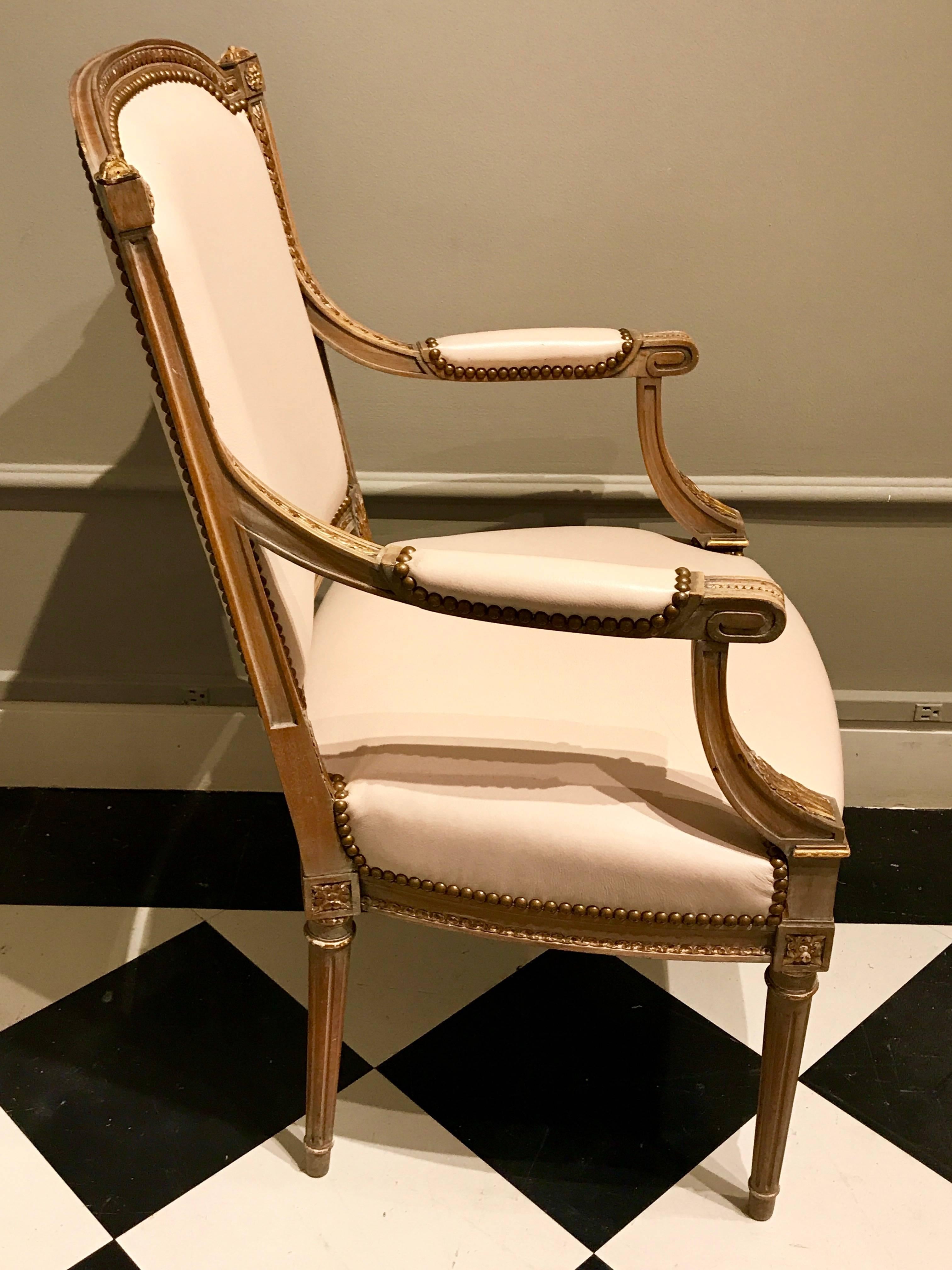 Four Maison Jansen Louis XVI Cream Leather Upholstered Parcel-Gilt Armchairs 2