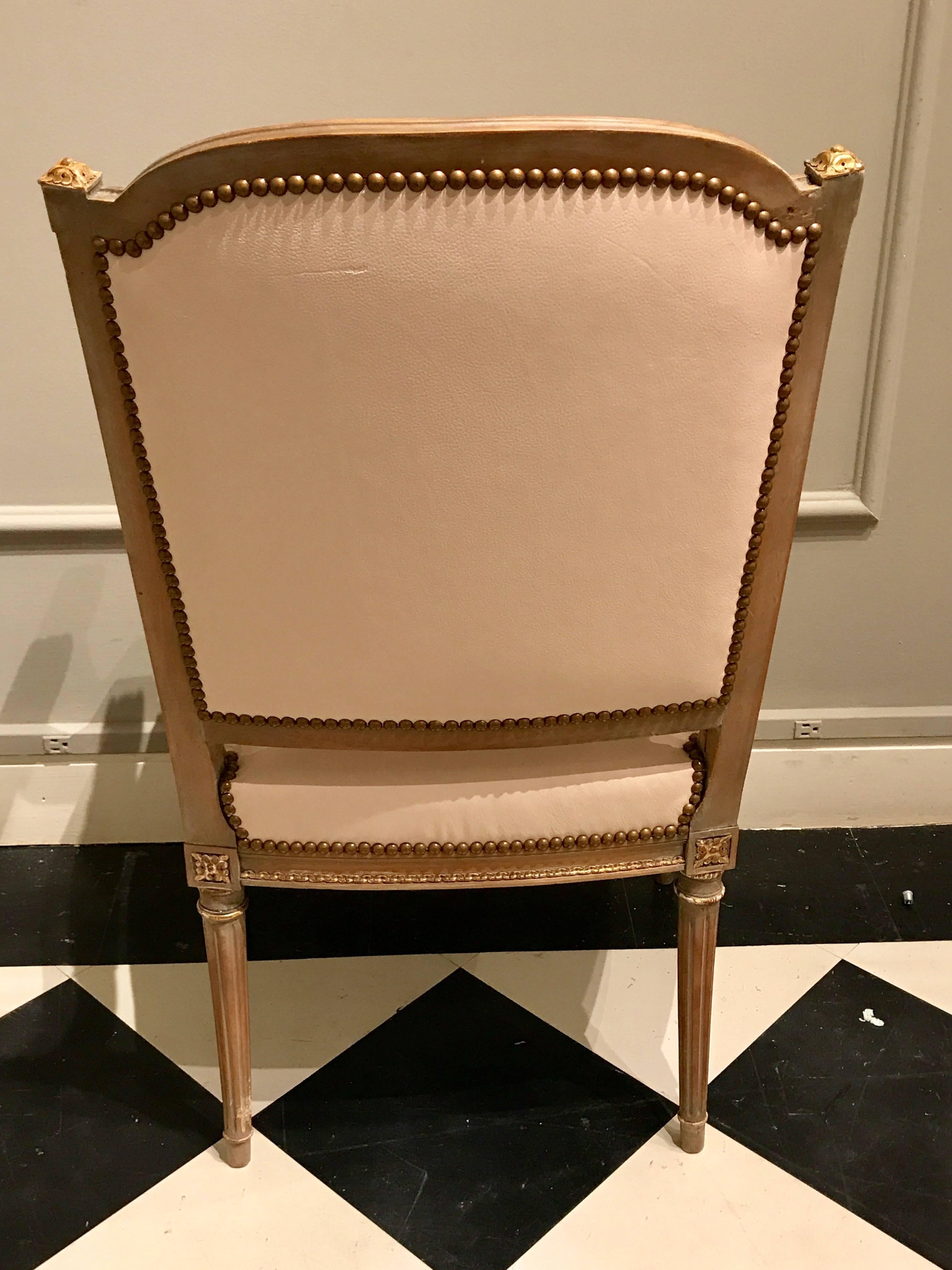 Four Maison Jansen Louis XVI Cream Leather Upholstered Parcel-Gilt Armchairs 3