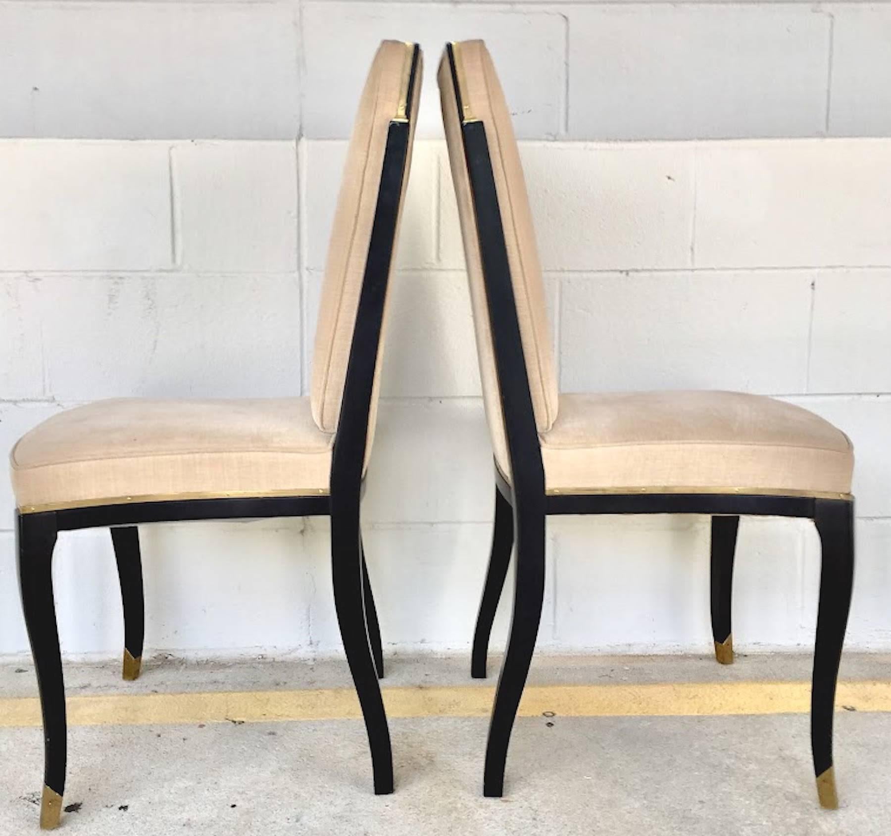 Late 20th Century Six Maison Jansen Black Lacquer and Brass Dining Chairs For Sale