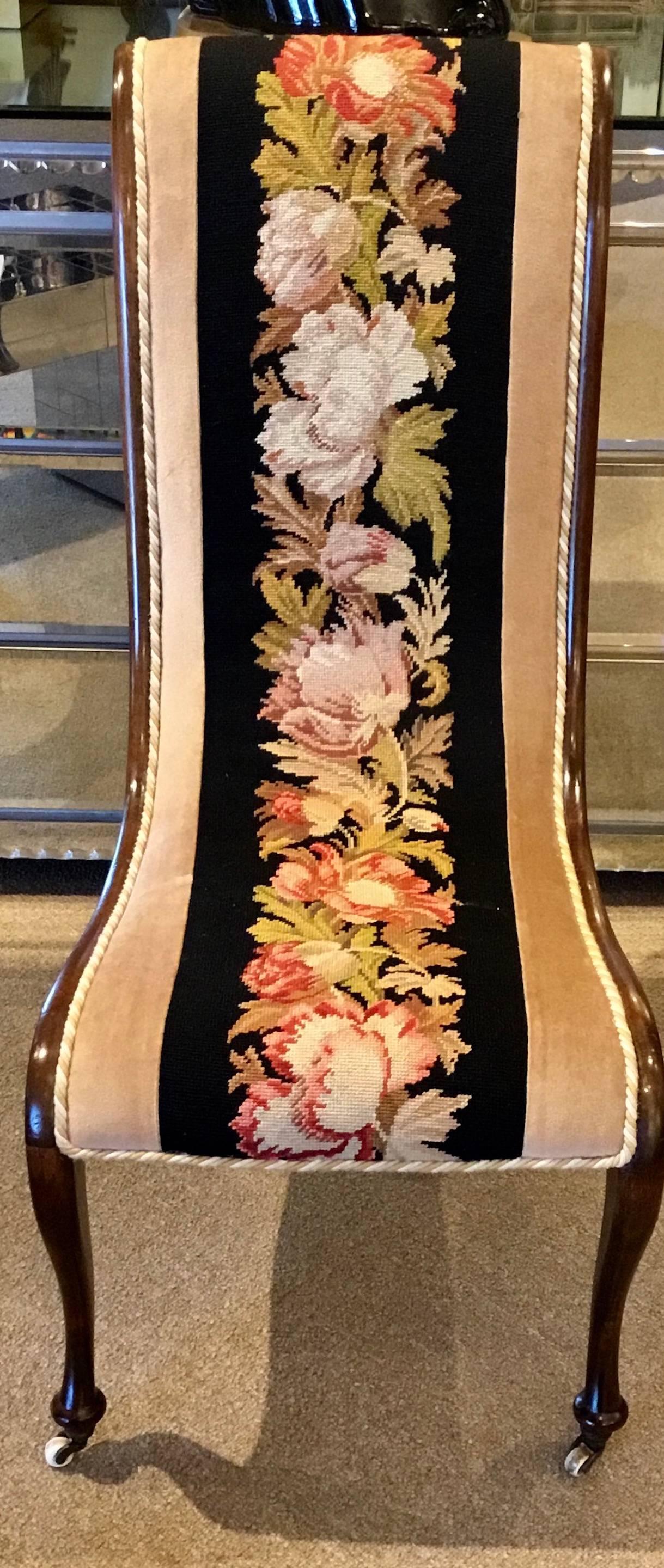 European Pair of Napoleon III Needlepoint Slipper Chairs