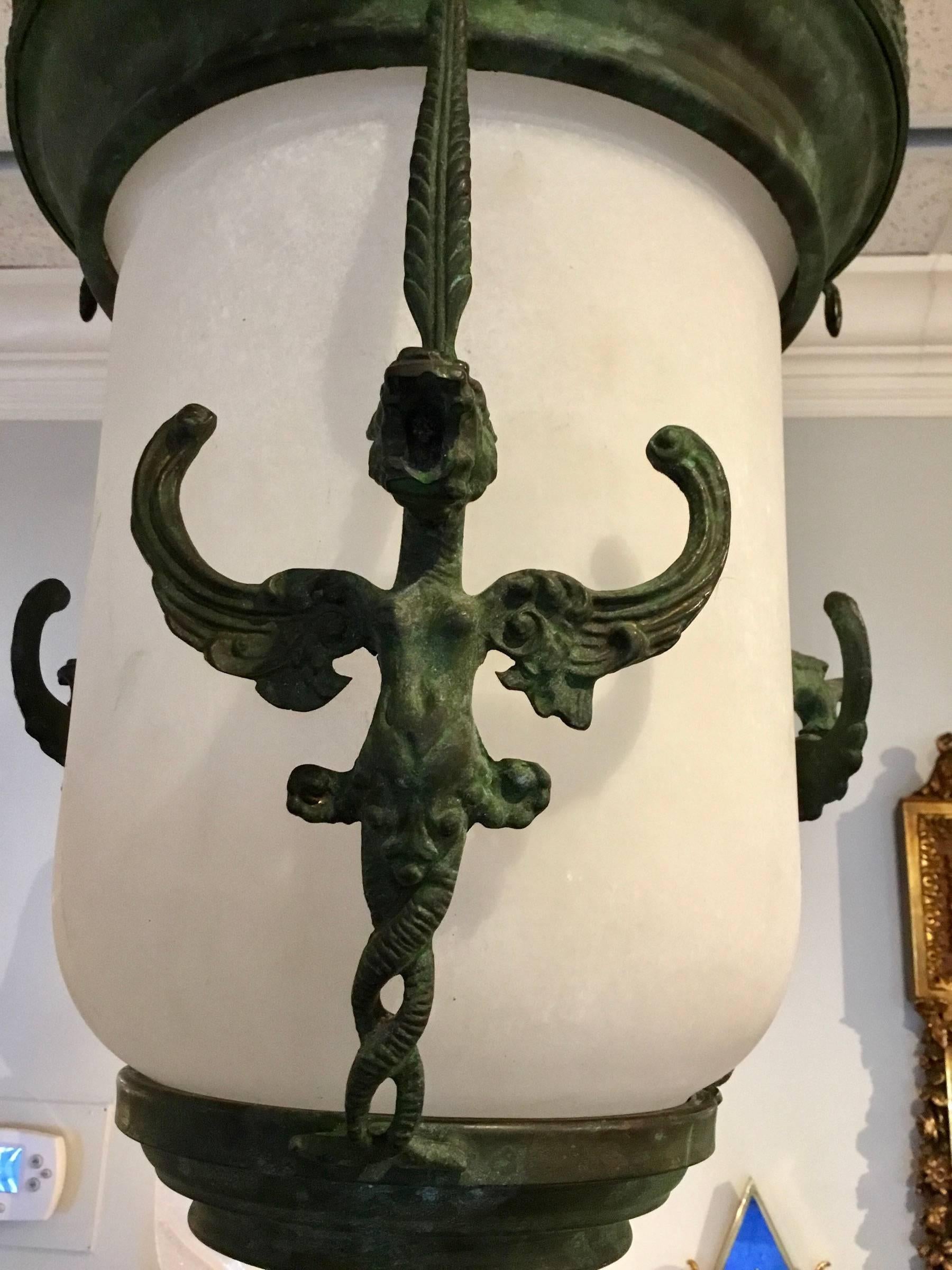 European Gothic Verdigris Bronze Lantern For Sale