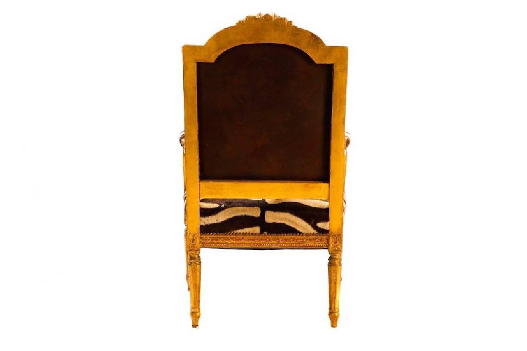 Early 20th Century French Giltwood Bergère, in Zebra Hide