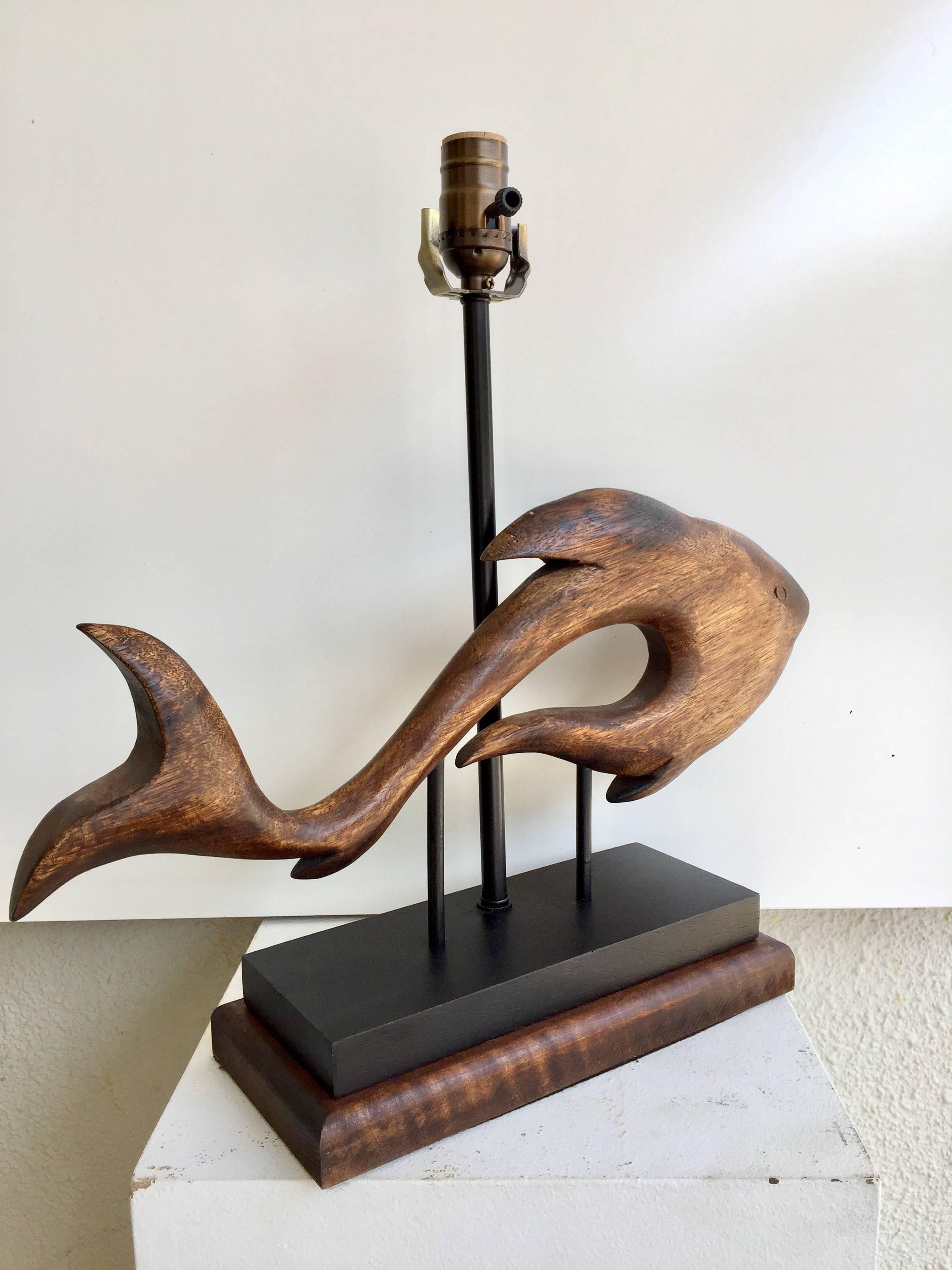 Italian Pair of Midcentury Carved Wood Fish Sculptures Now as Lamps For Sale