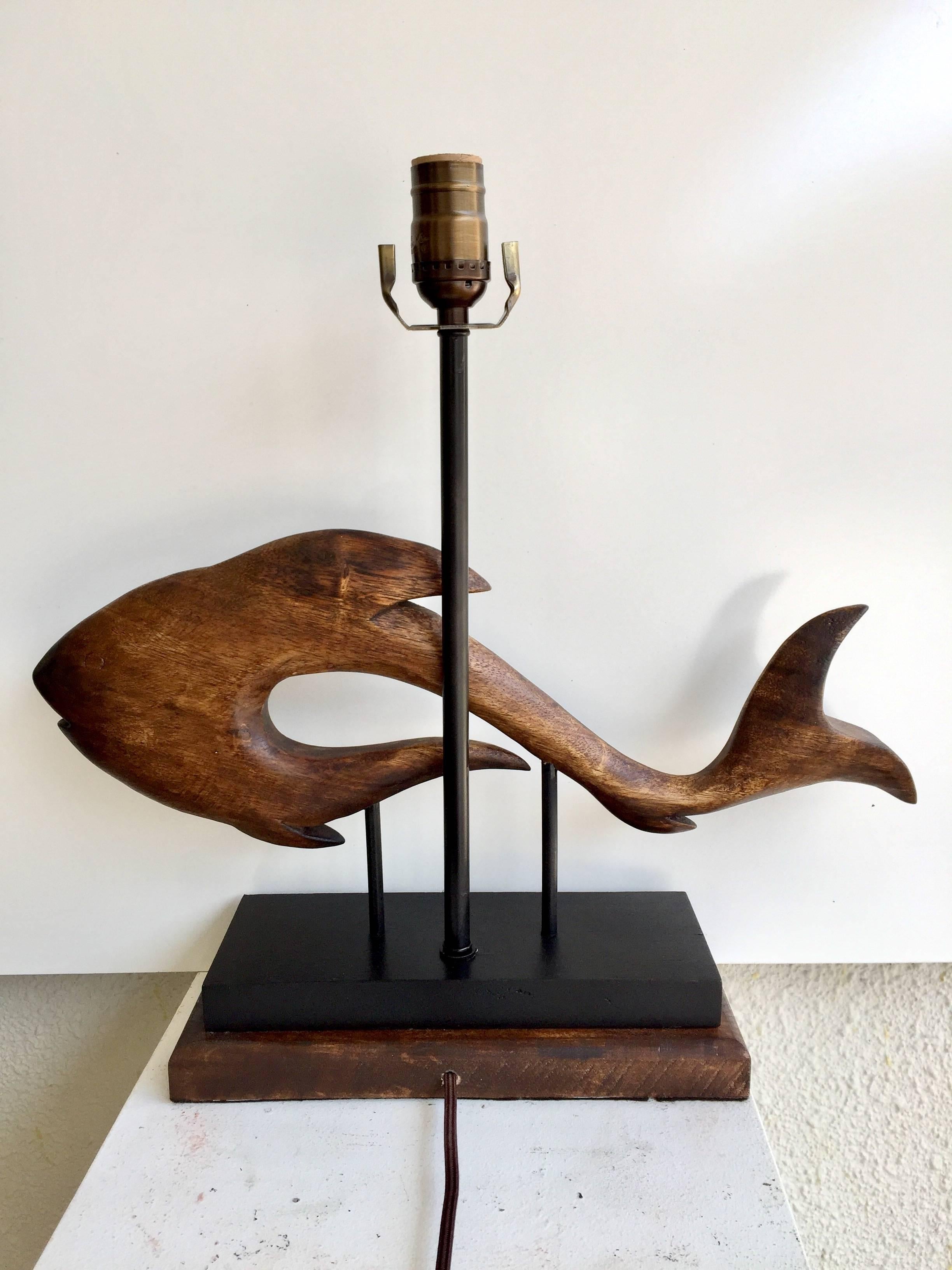 Pair of Midcentury Carved Wood Fish Sculptures Now as Lamps In Good Condition For Sale In Atlanta, GA