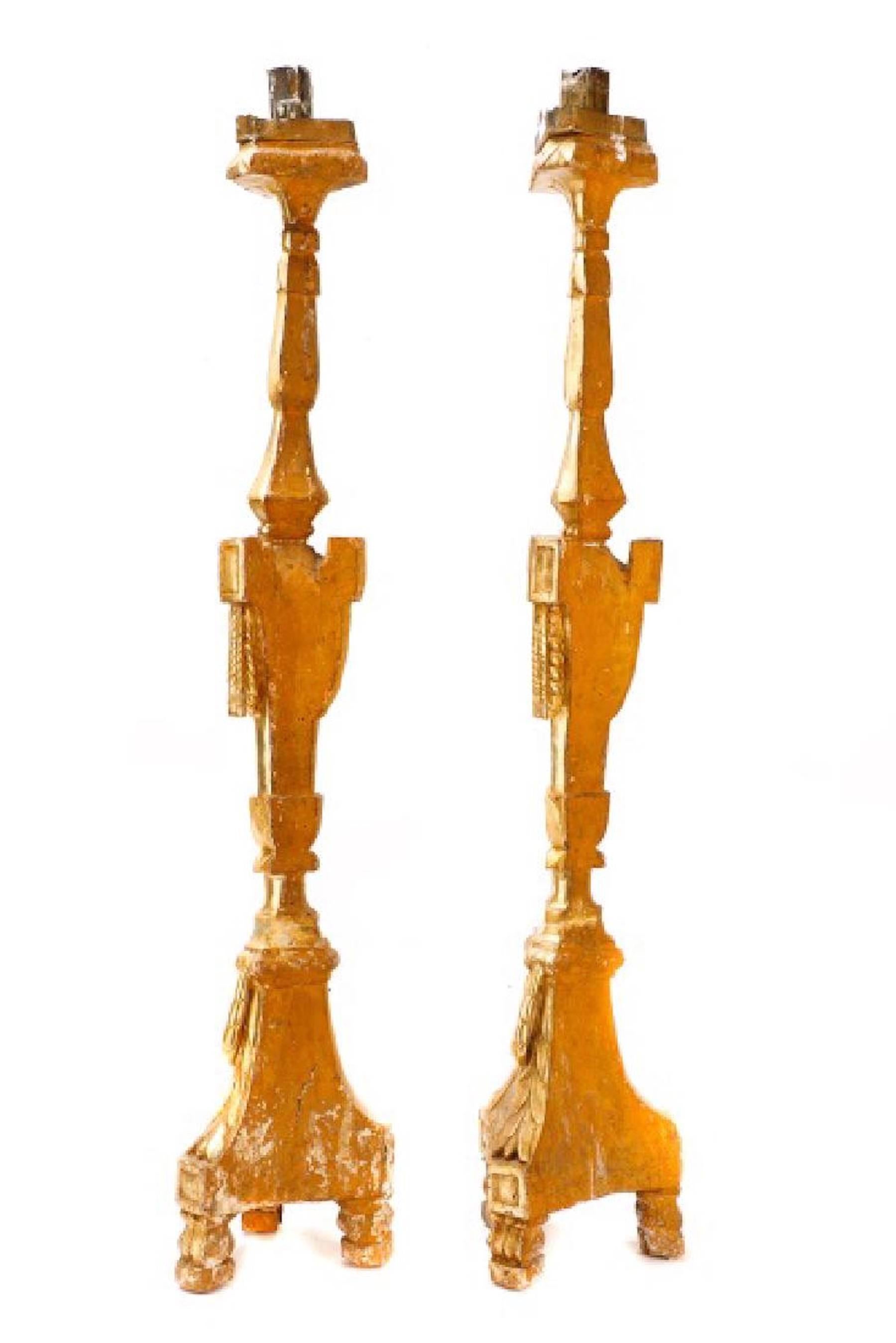 Pair of antique Italian silver gilt pricket candlesticks, large-scale, beautiful patina.

 