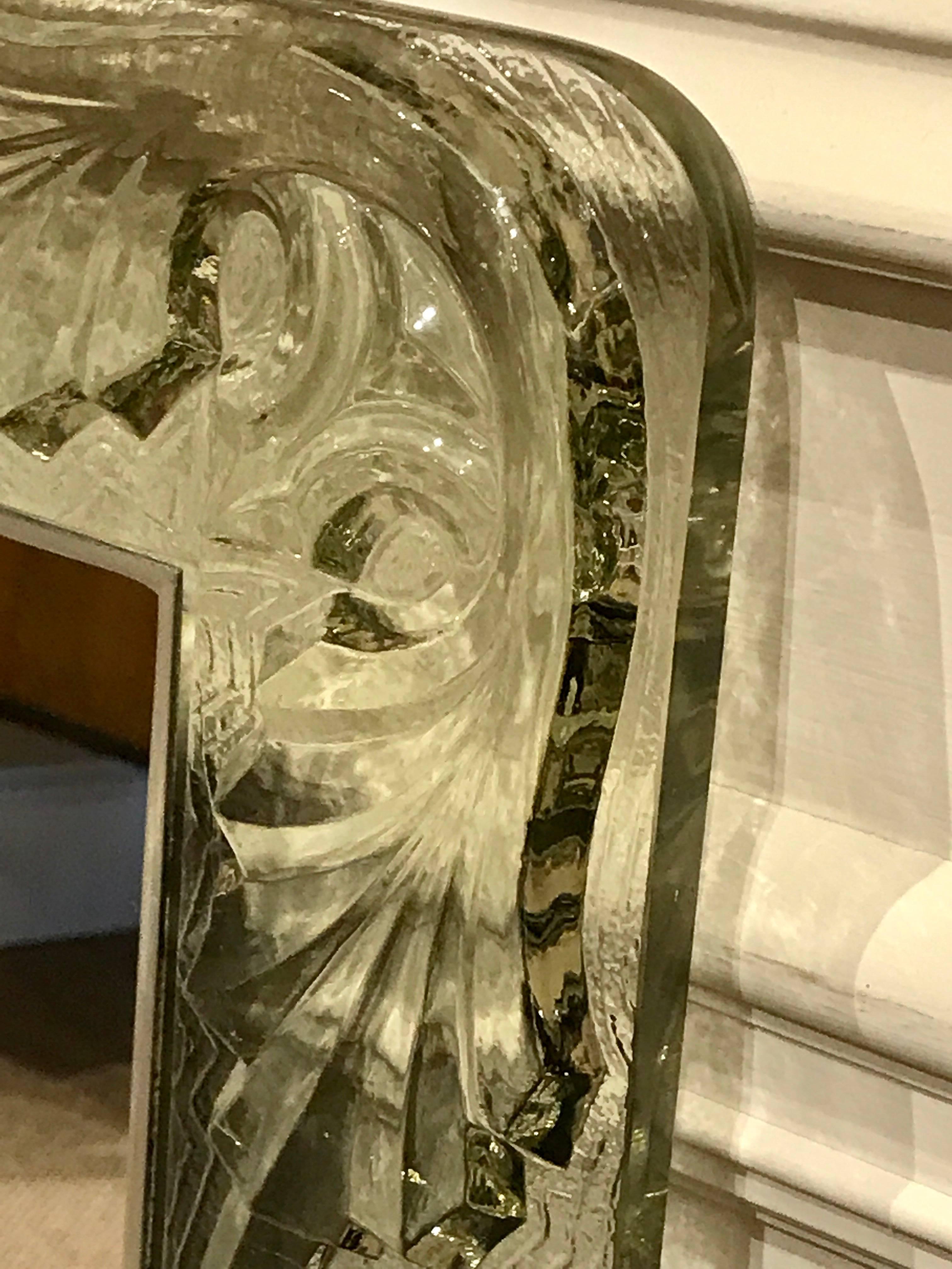 Lalique style glass wall mirror, with inset measures: 17.5