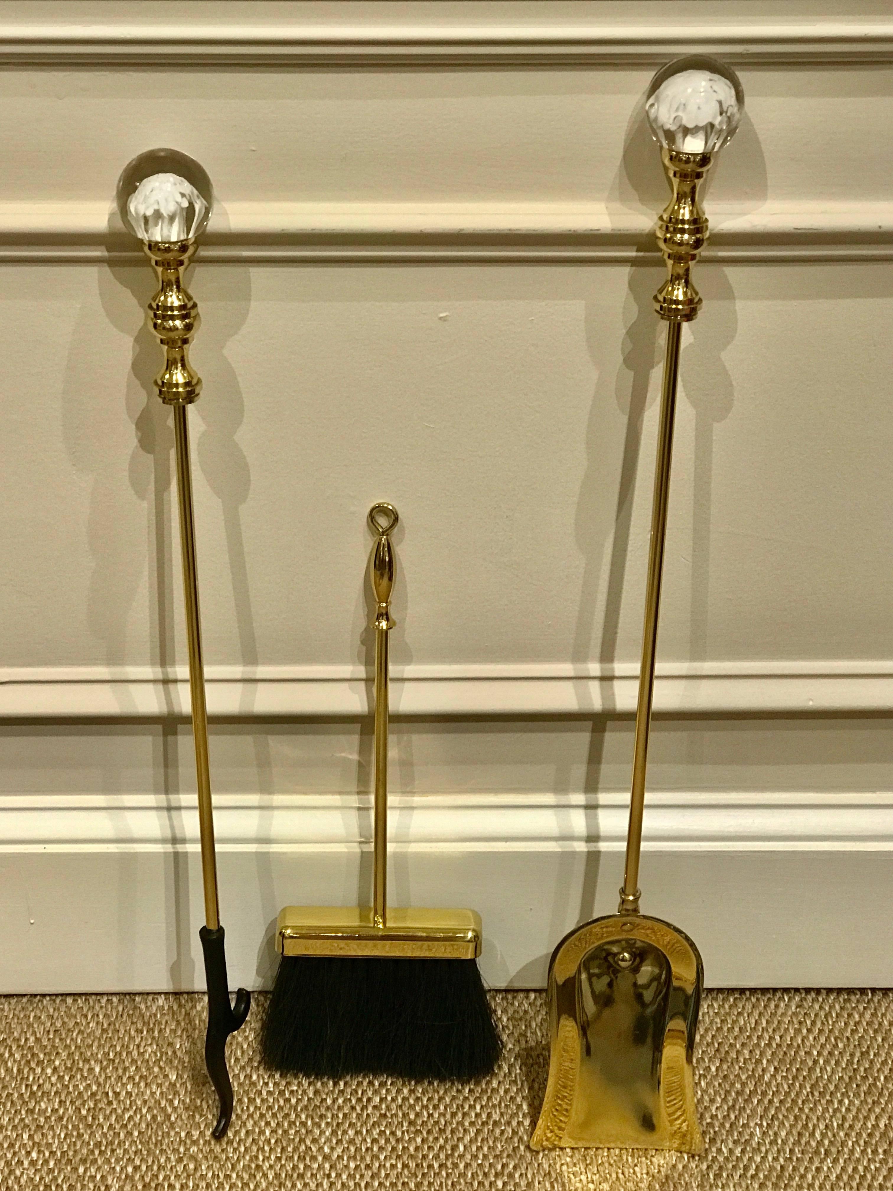 Mid-20th Century Midcentury Murano Style Glass & Brass Fireplace Tools For Sale
