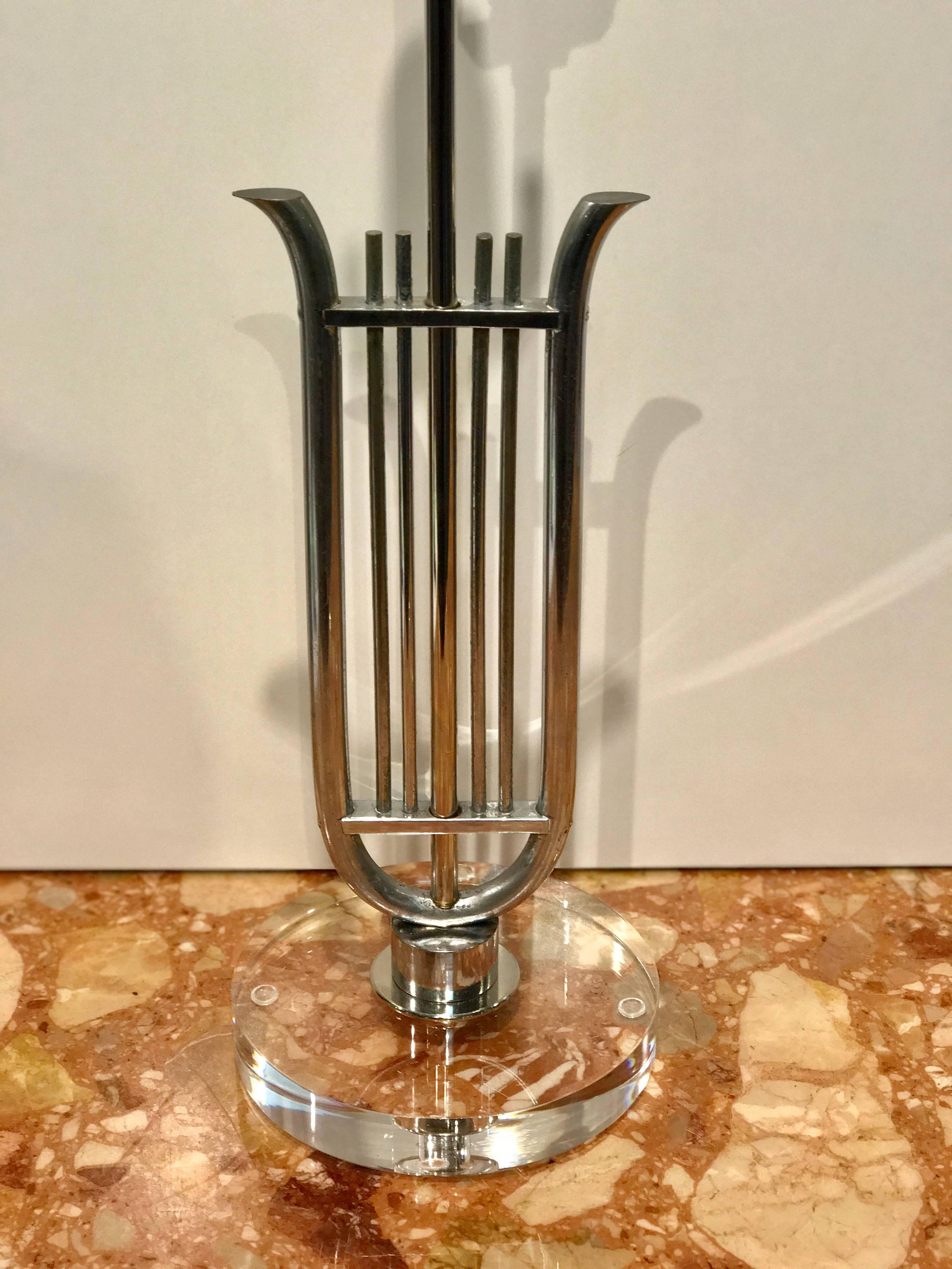 Pair of French Neoclassical Chrome Lyre Lamps with Lucite Bases In Good Condition For Sale In Atlanta, GA