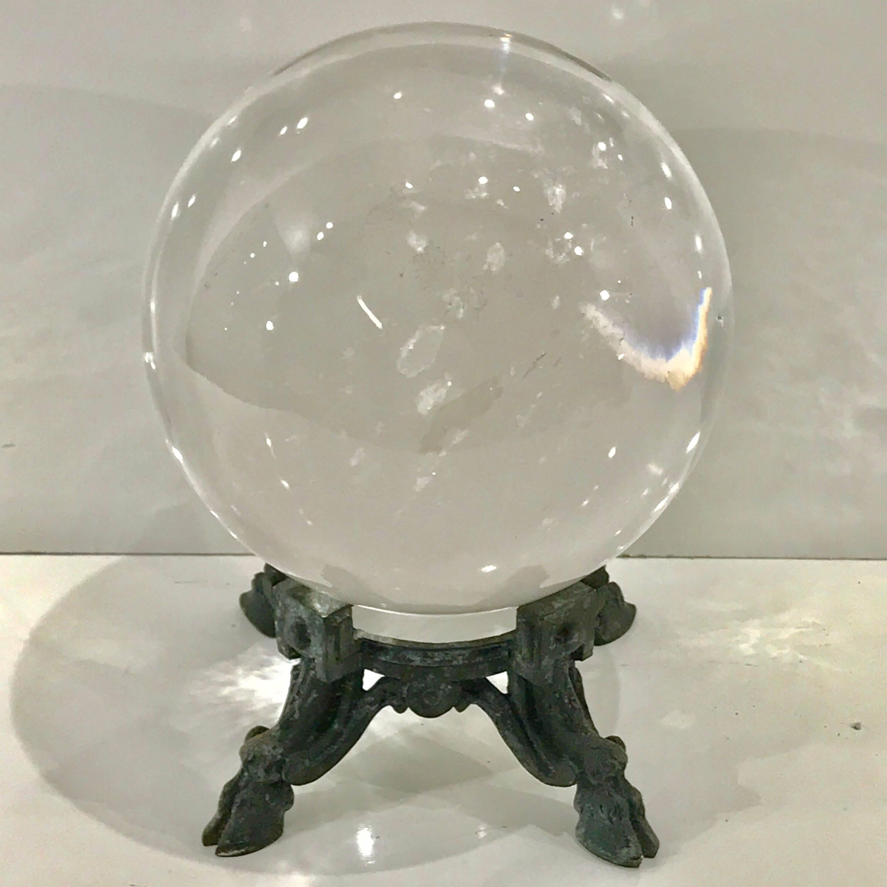 18th-19th Century French Rock Crystal Ball on Louis XIV Verdigris Bronze Stand 4