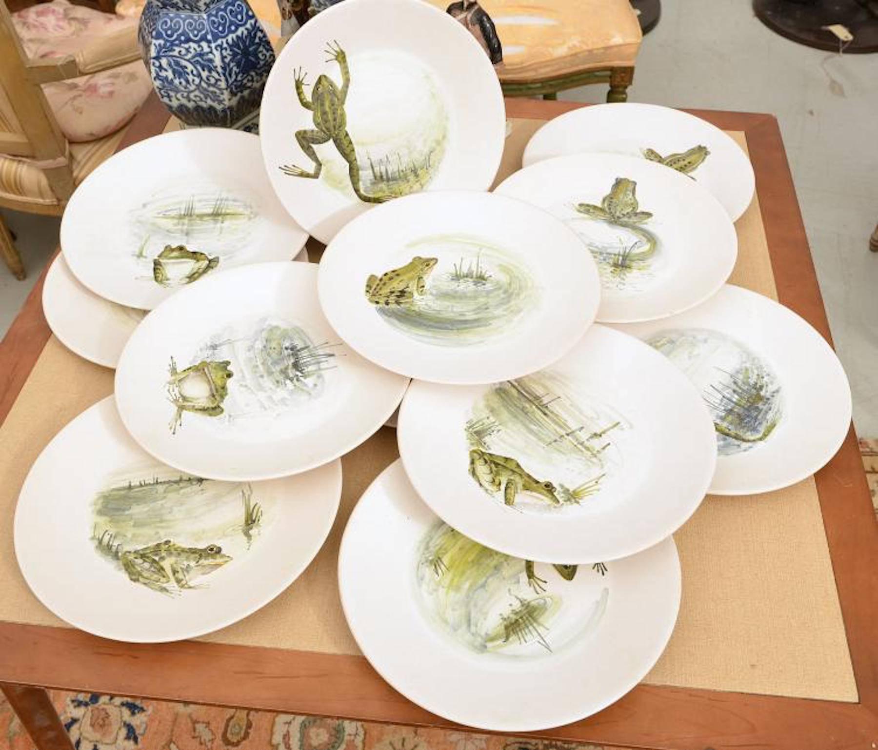 Mid-20th Century 12 French Hand-Painted Frog Plates by Marcel Guillot