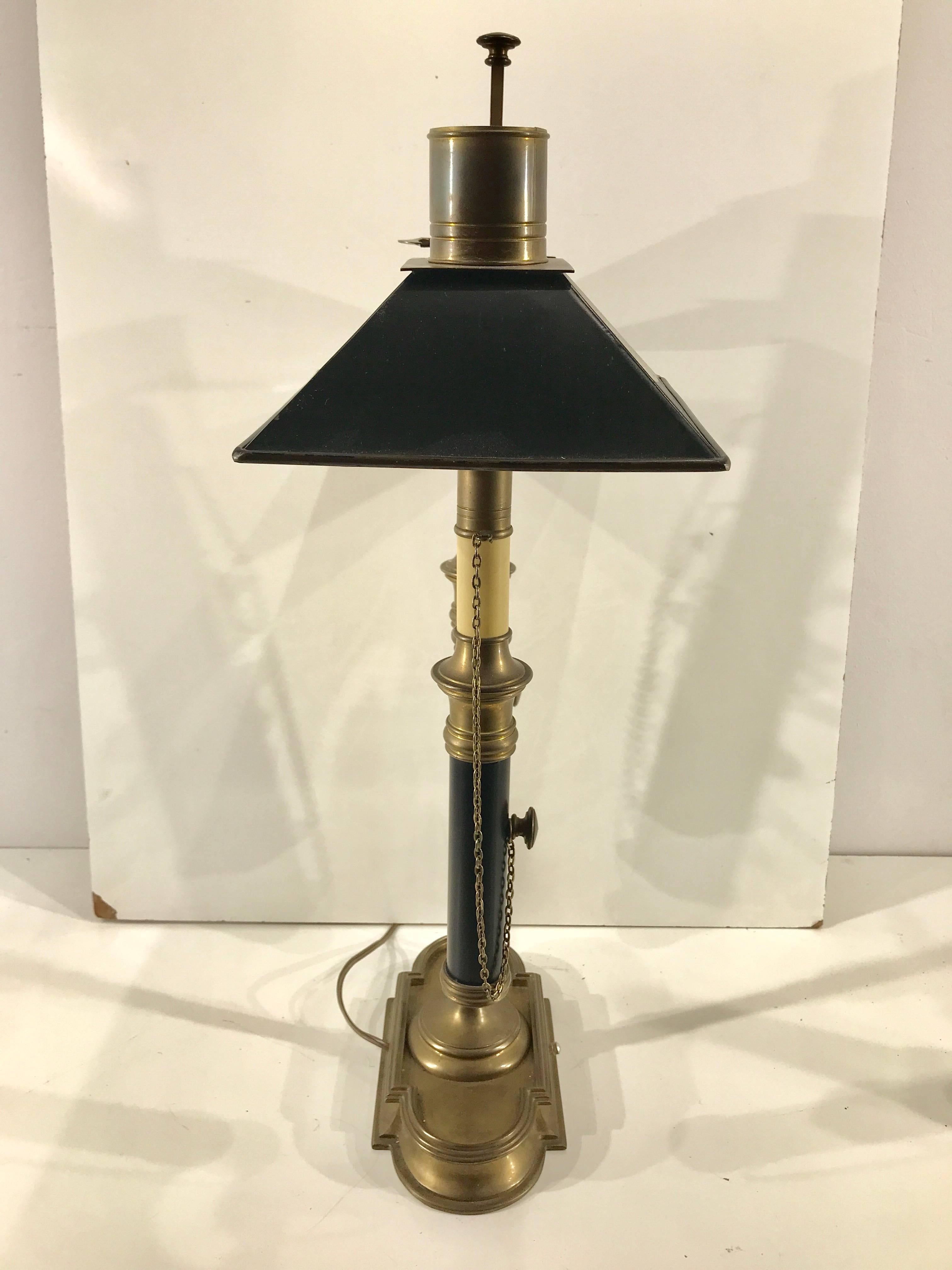 Double Bouillotte Brass and Painted Tole Lamp 1