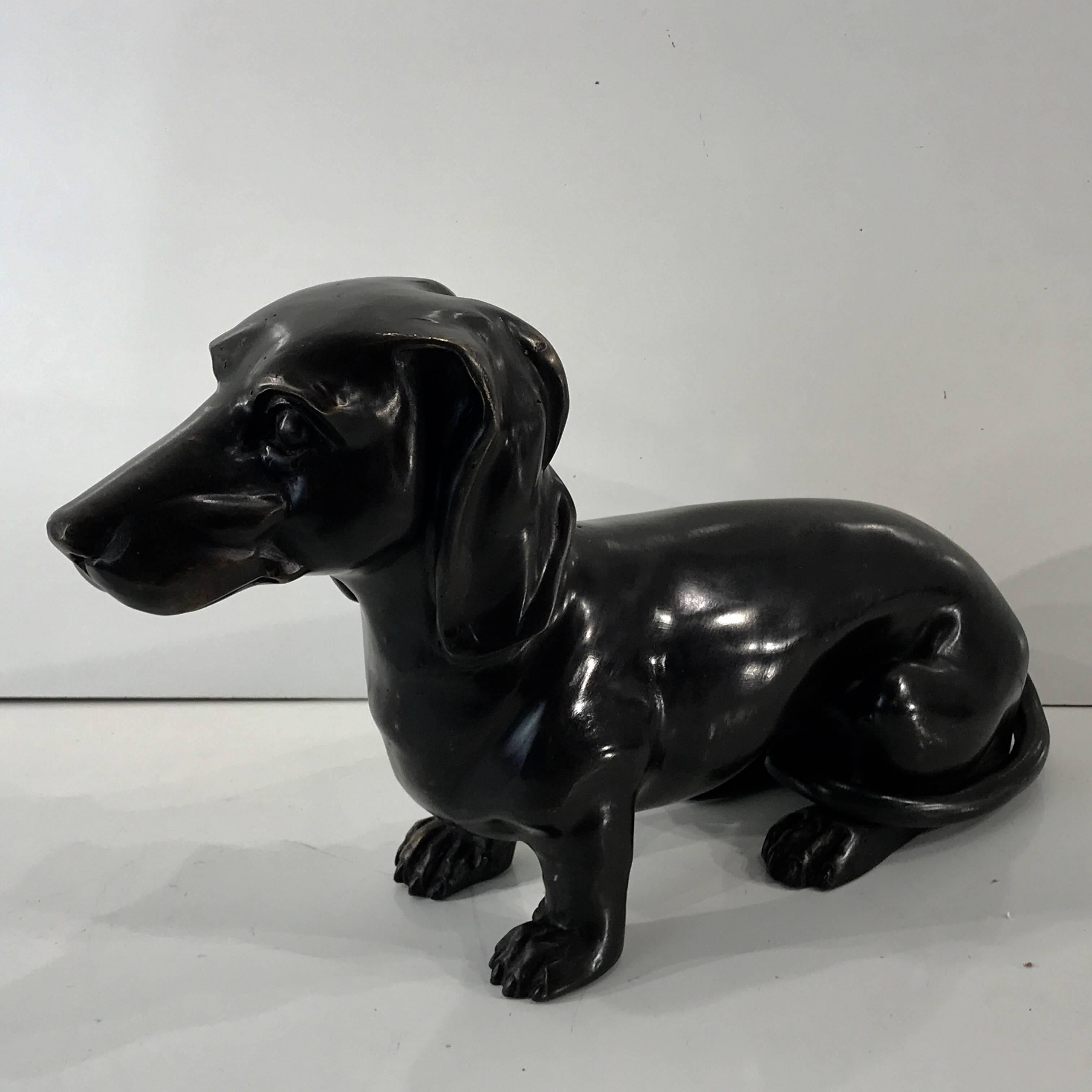 Cast Midcentury Bronze Figure of a Seated Dachshund
