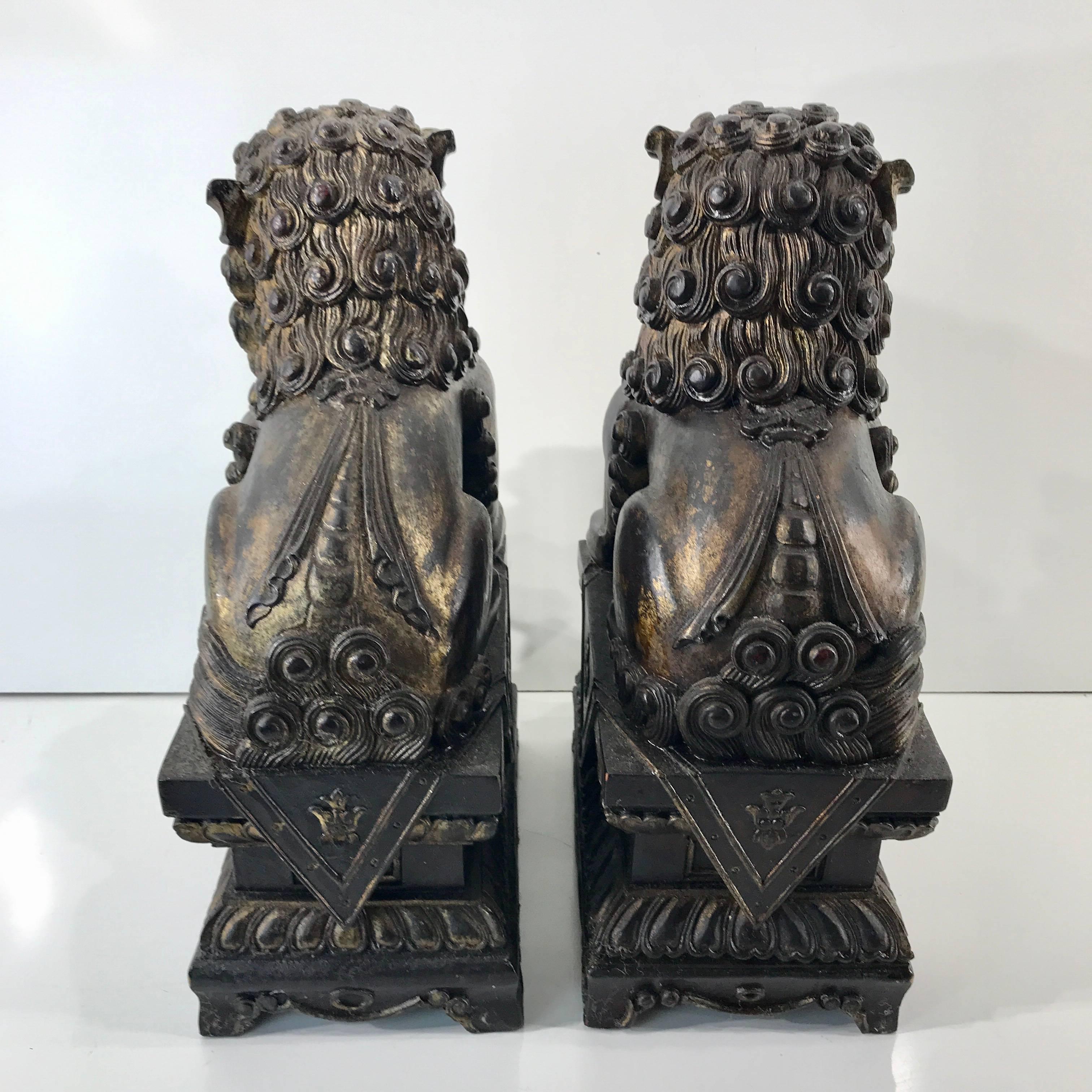 20th Century Pair of Chinese Carved Wood and Giltwood Foo Dogs