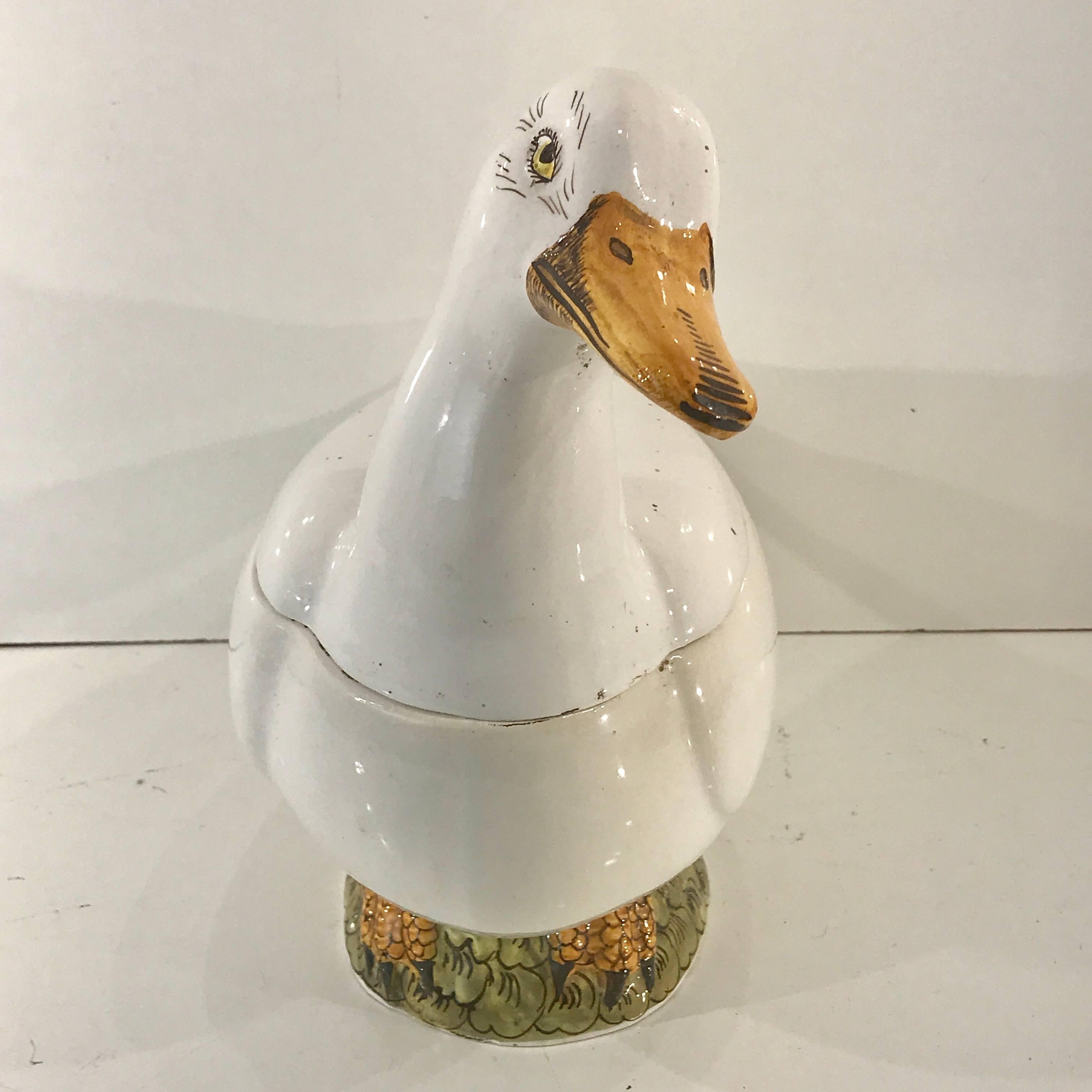 Betsy Bloomingdale's Antique Continental Tin Glazed Soup Tureen of a Duck In Good Condition In Atlanta, GA