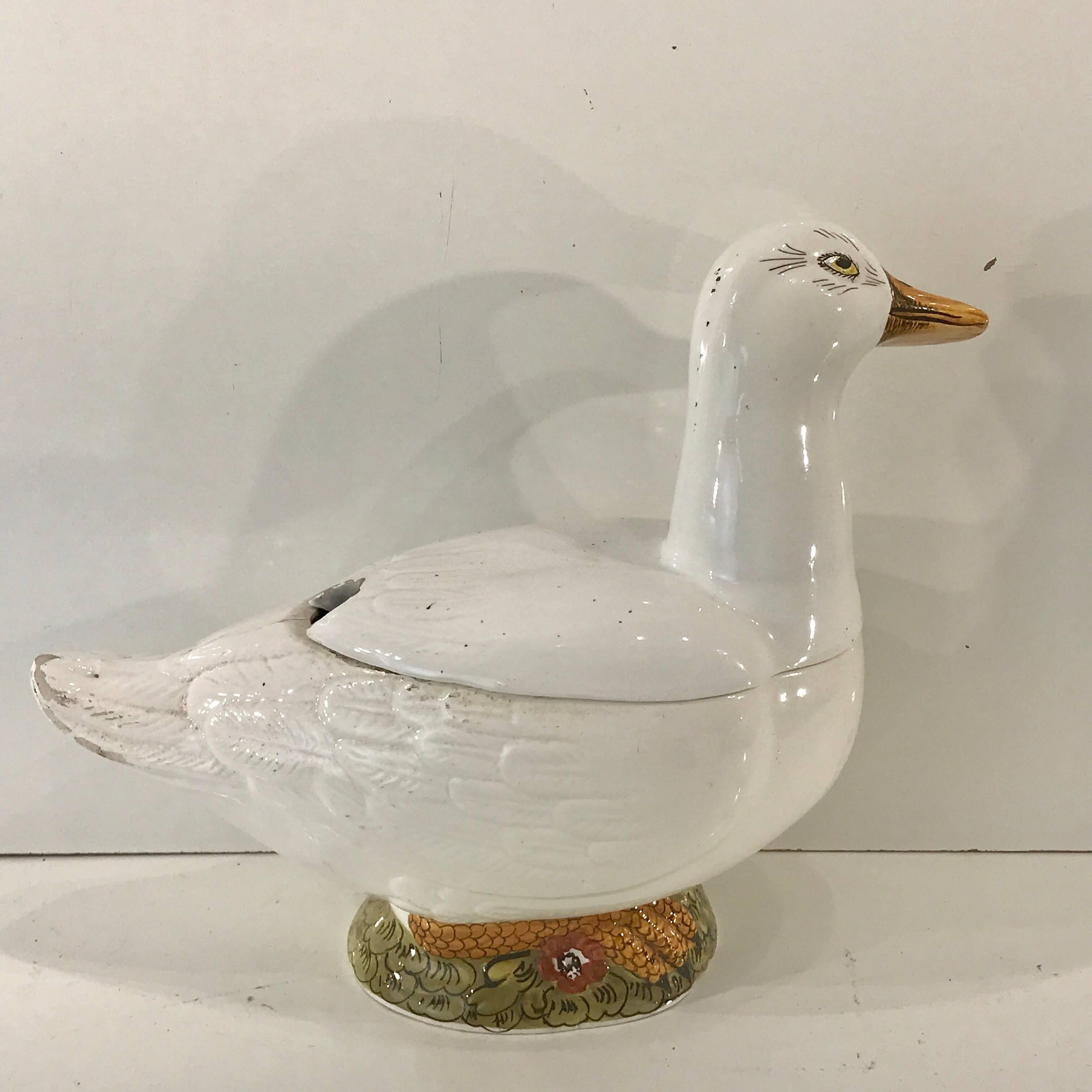 19th Century Betsy Bloomingdale's Antique Continental Tin Glazed Soup Tureen of a Duck